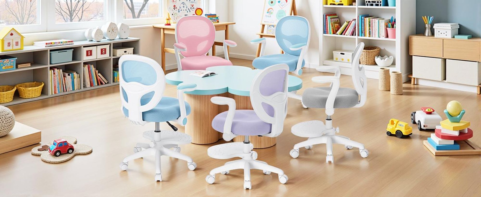 HOFFREE | Kinder Schreibtischstuhl Ergonomischer Kinderdrehstuhl | Fußablage | Höhenverstellbar | klappbaren Armlehnen | Lila