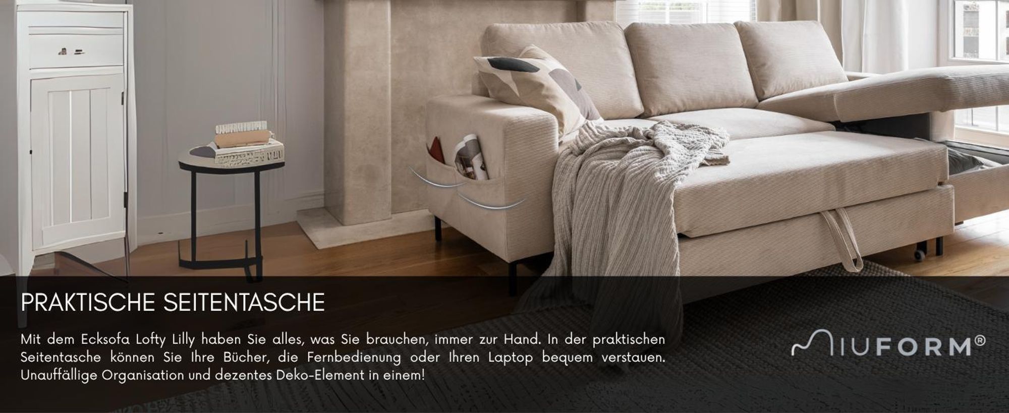 MIUFORM Lofty Lilly - Ecksofa mit Bettfunktion und Bettkasten L-FORM RECHTS - 236x148cm - Beige - Sofa Schlafsofa Couch
