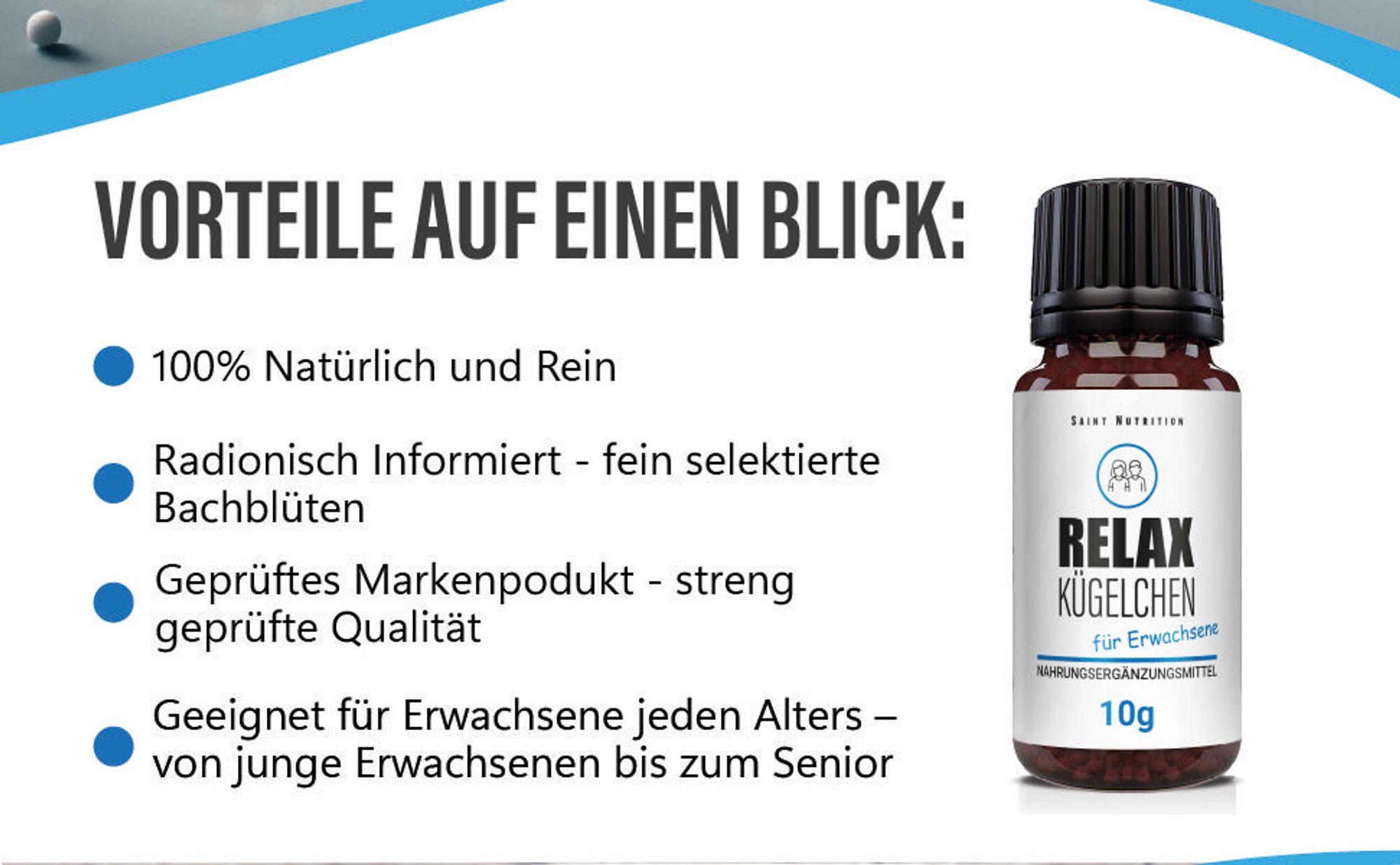 Saint Nutrition® Relax Kügelchen | für Erwachsene - Entspannung - Innere Ruhe - Stressabbau – Gelassenheit - Beruhigung – besserer Schlaf