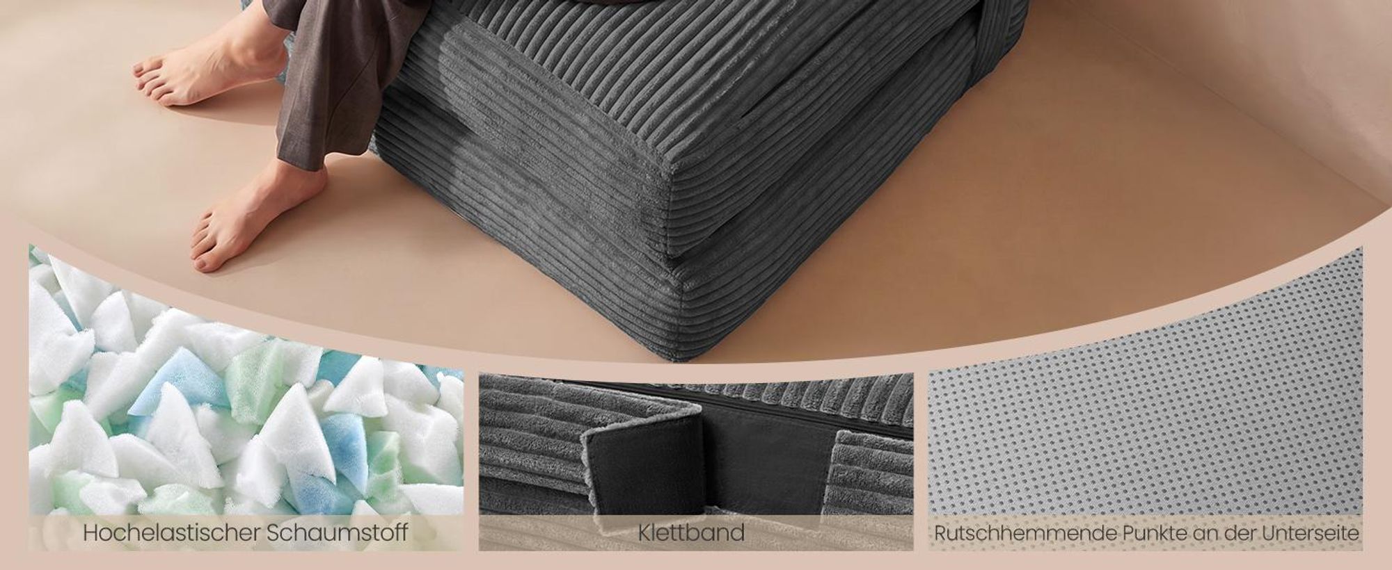 VASAGLE Faltbarer Schlafsessel aus Cord und Schaumstoff, Sofabett mit Kissen, 89 x 89 x 78 cm / 89 x 195 x 43 cm, Grau