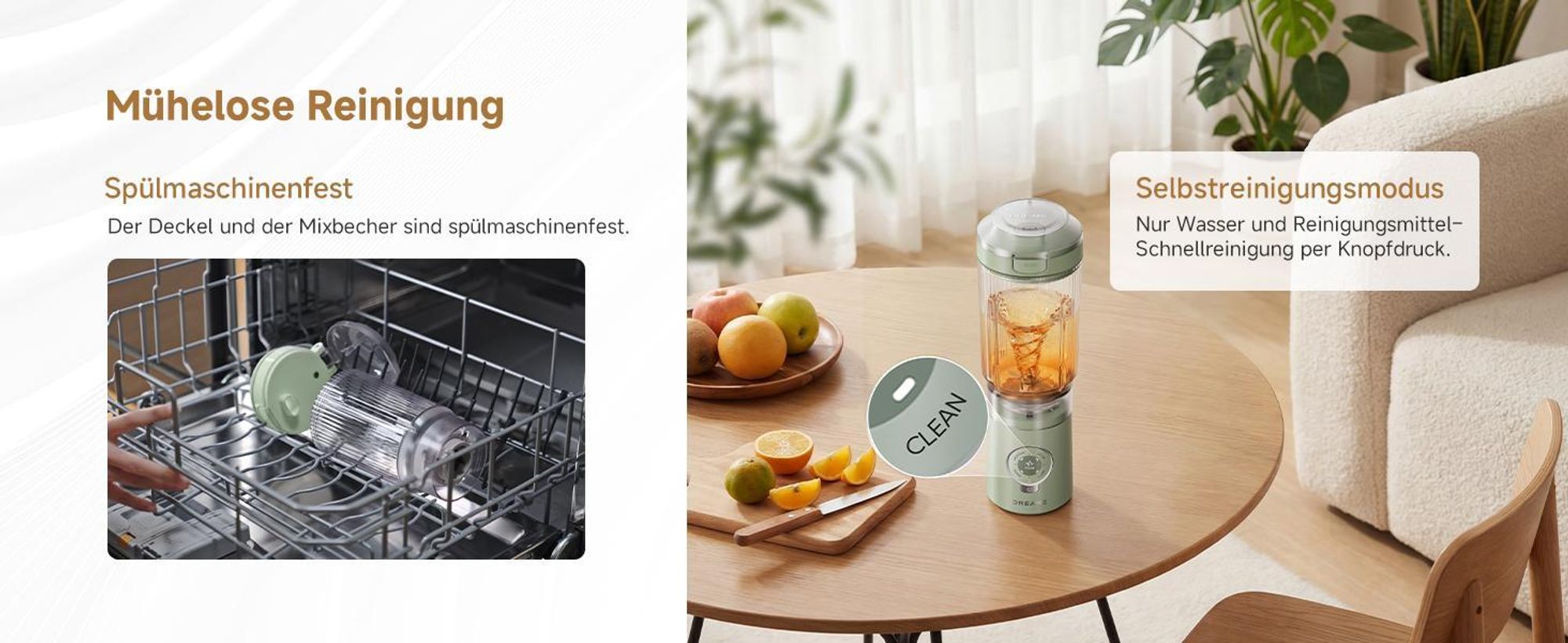 Dreame PB10 PortFresh Tragbarer Mixer,abnehmbares Motorgehäuse,Schnellladefunktion,880ml BPA-freier Mixbecher,500ml,5 Funktionen,Selbstreinigung,Grün