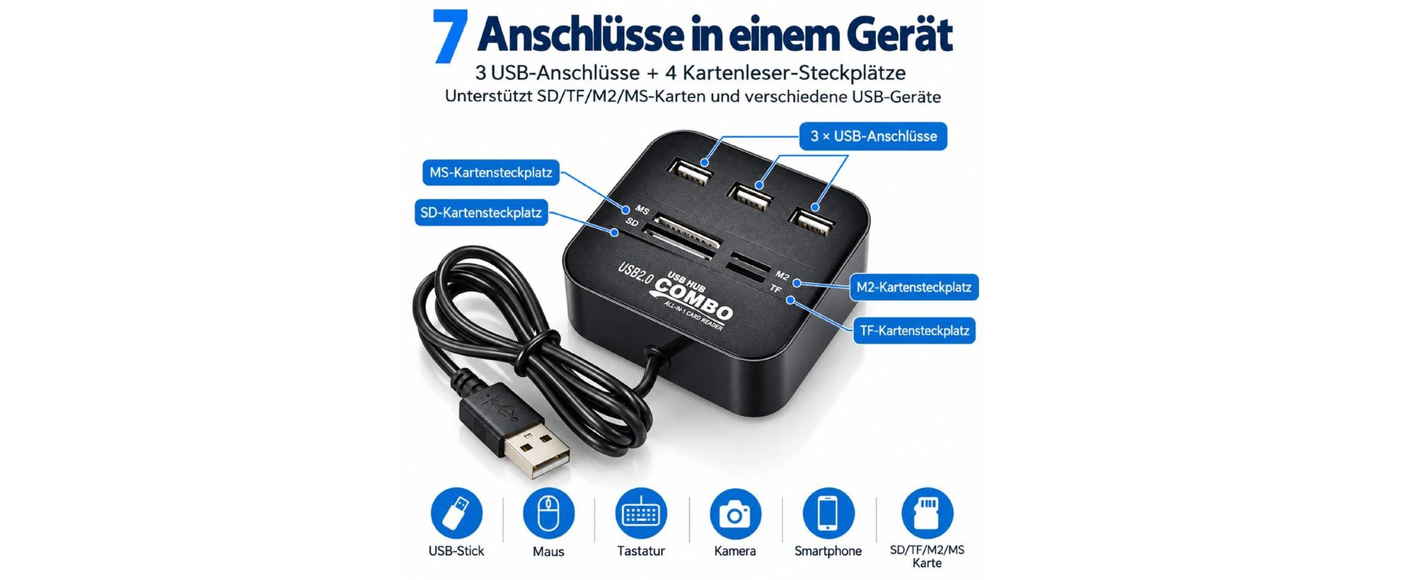 H31C USB 2.0 Hub 3-Port mit Kartenleser Multiport USB Verteiler Splitter für Laptop PC Notebook SD TF Speicherkarte Kartenlesegerät kompakt extern