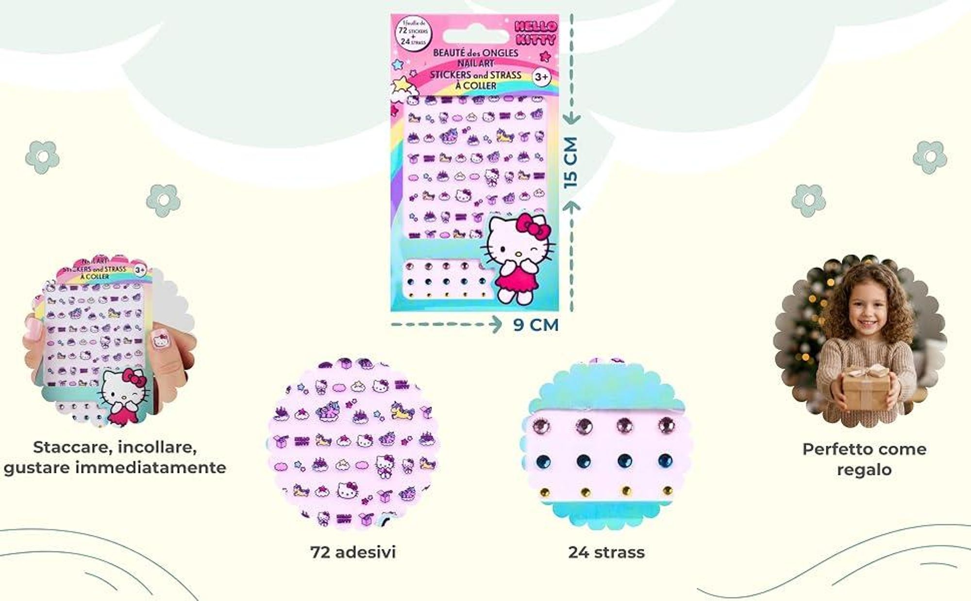 Hello Kitty Nagelsticker Set – 72 Sticker + 24 Steinchen – Offiziell Lizenziert