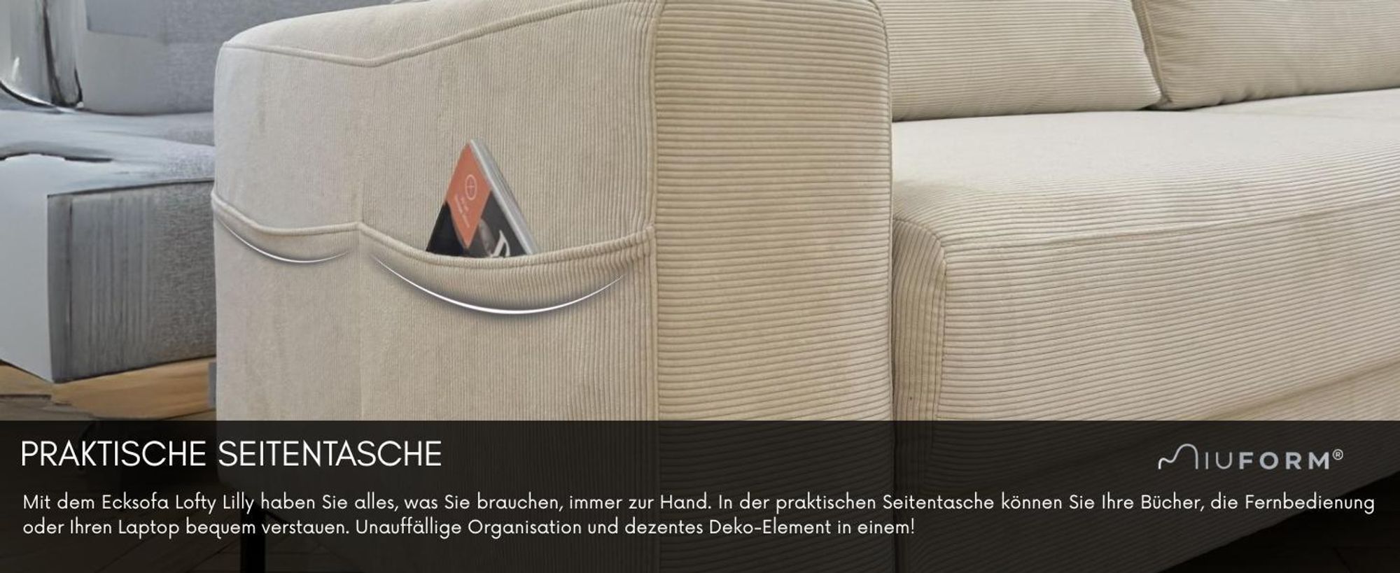MIUFORM Lofty Lilly - Ecksofa mit Bettfunktion und Bettkasten U-FORM RECHTS - 303 x 197 cm - Beige - Sofa Schlafsofa Couch