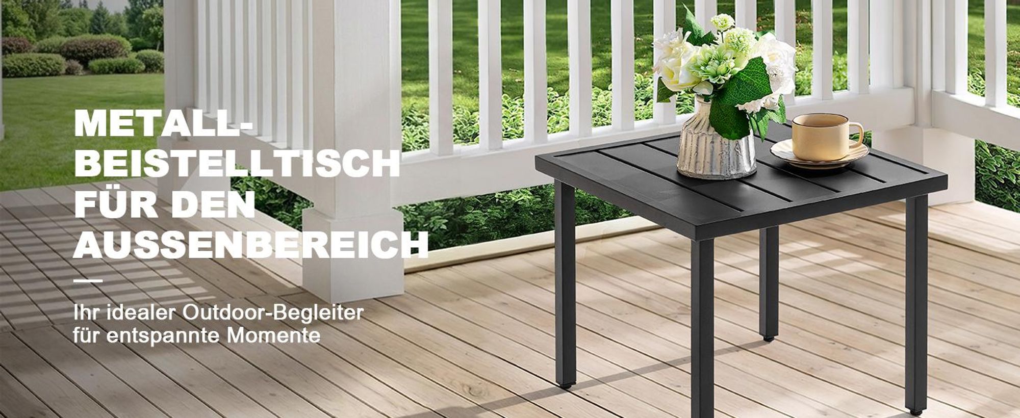 Avestar Beistelltisch 44x44x41 cm, Gartentisch mit Lattenrost und verstellbaren Füßen, pulverbeschichteter Metall, wetterfester Couchtisch, Schwarz