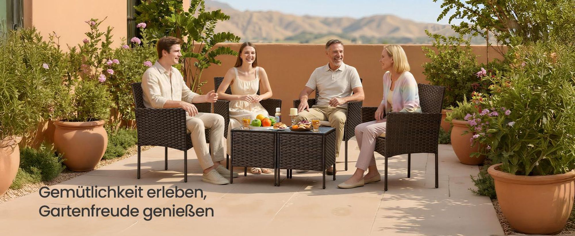 SONGMICS (3-tlg) Balkonmöbel, Gartenlounge-Set, aus PE-Polyrattan, Tisch und 2 Stühle, braun-taupe