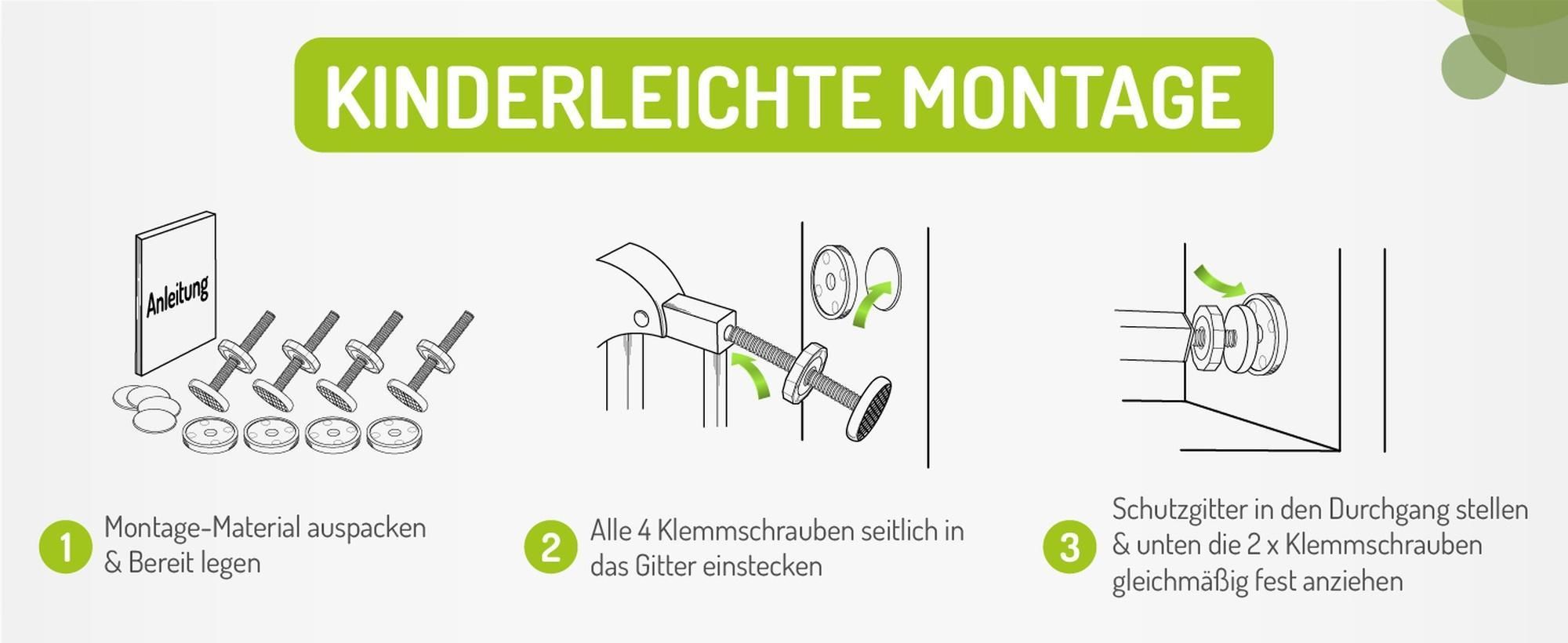 BOMI® Türschutzgitter Ohne Bohren 63-251 cm | 90° Feststellfunktion | Schließt automatisch | Kinderschutzgitter zum Klemmen