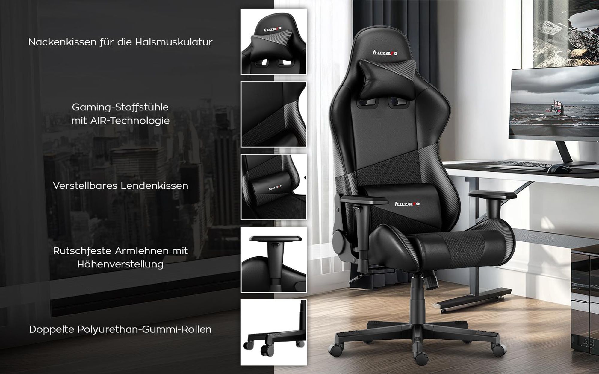 Huzaro Force 6.2 | Gaming Stuhl Bürostuhl Schreibtischstuhl Gamer Stoff | bis 130 kg belastbar | Höhenverstellbar Kopfstütze Lendenstütze | Schwarz