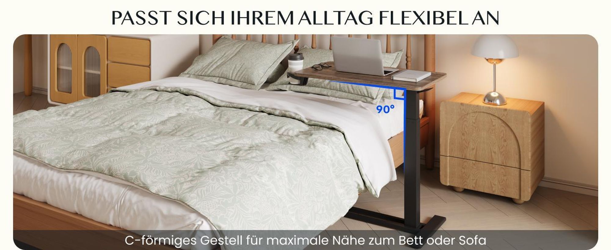 FLEXISPOT Beistelltisch Höhenverstellbar in C-Form, Laptoptisch mit Rollen, 66–106 cm, Nachttisch, für Bett und Sofa, Schwarz