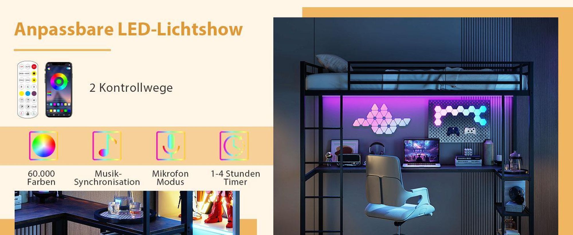 COSTWAY Hochbett Etagenbett 90x200cm mit Schreibtisch, LEDs, Ladestation, 2 Ablagen, Sicherheitsgeländer & Leiter, Stockbett Kinderbett Metall Silber