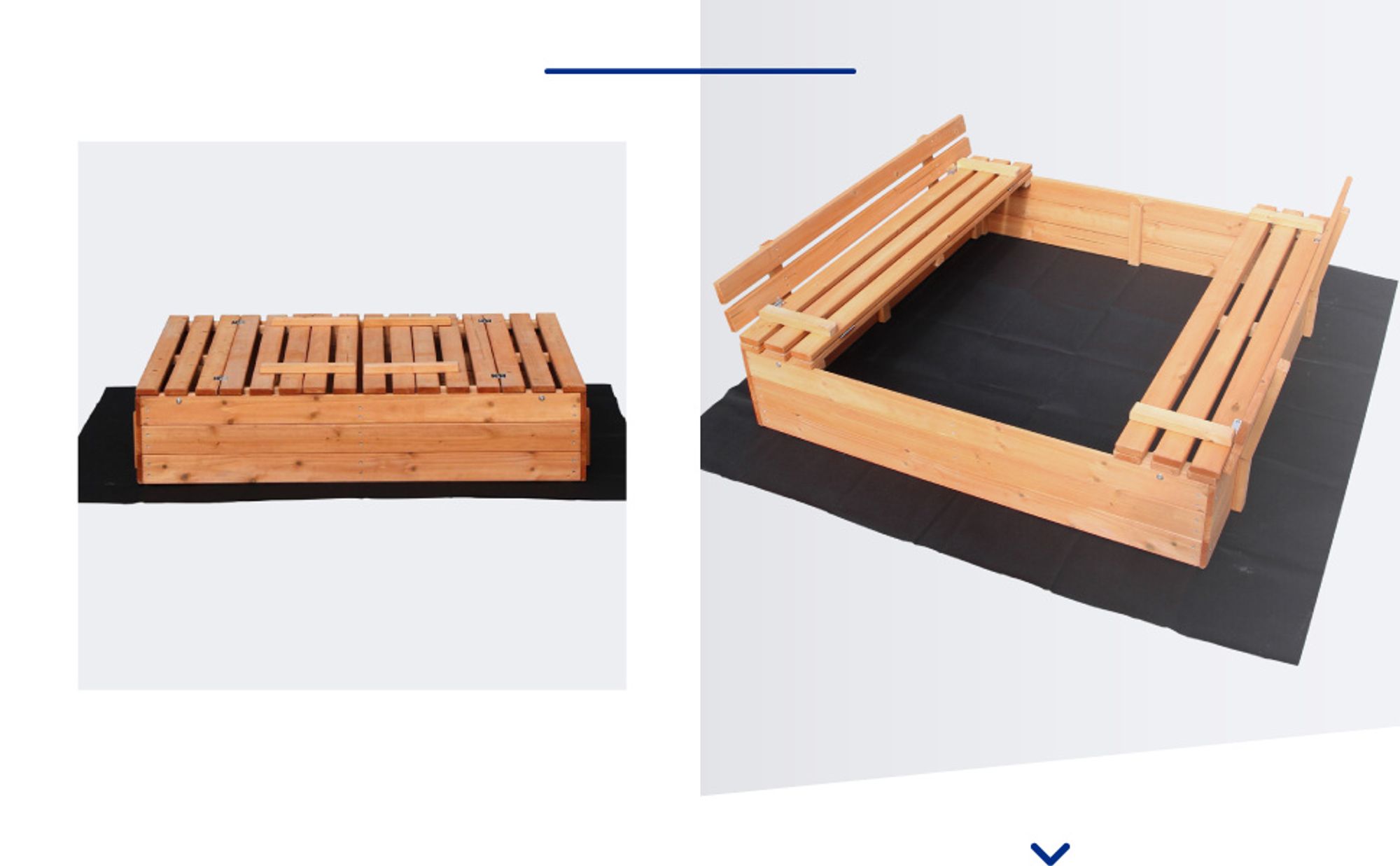 Sandkasten mit Deckel 2 Sitzbänke 156,7 x 156,6 x 55 cm, Sandkiste aus Holz mit klappbaren Bänken, Sandkasten mit Abdeckung, Sandbox mit Vliesboden