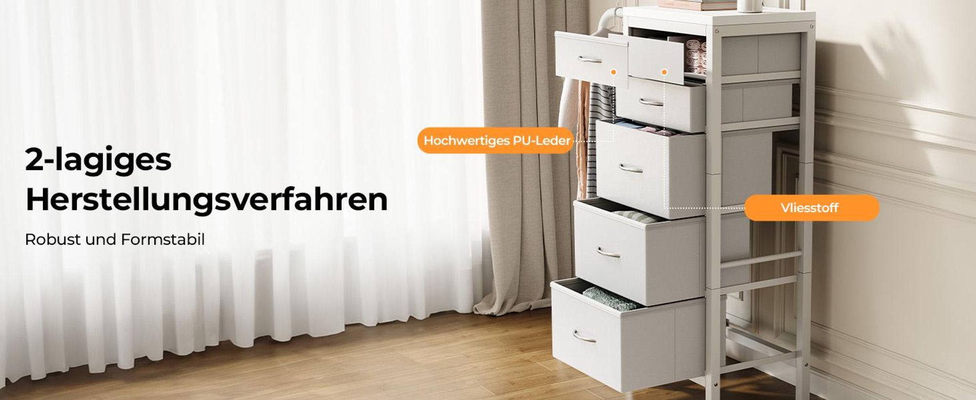 Standgarderobe Garderobenständer Kleiderständer Garderobe mit 5 Stoff Schubladen, Kommodeschrank mit Kleiderstange