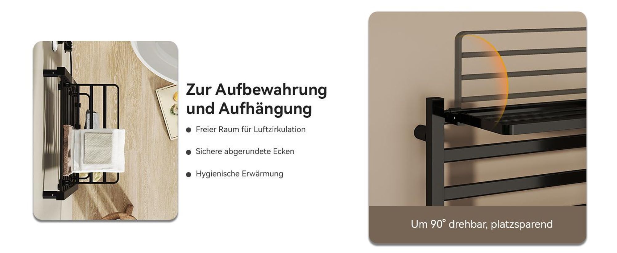 Puluomis Heizkörper Elektrischer Handtuchwärmer mit LED-Touchdisplay, 45-70°C einstellbar, Timer, 90° drehbares Ablagefach, RCCB Schutz schwarz