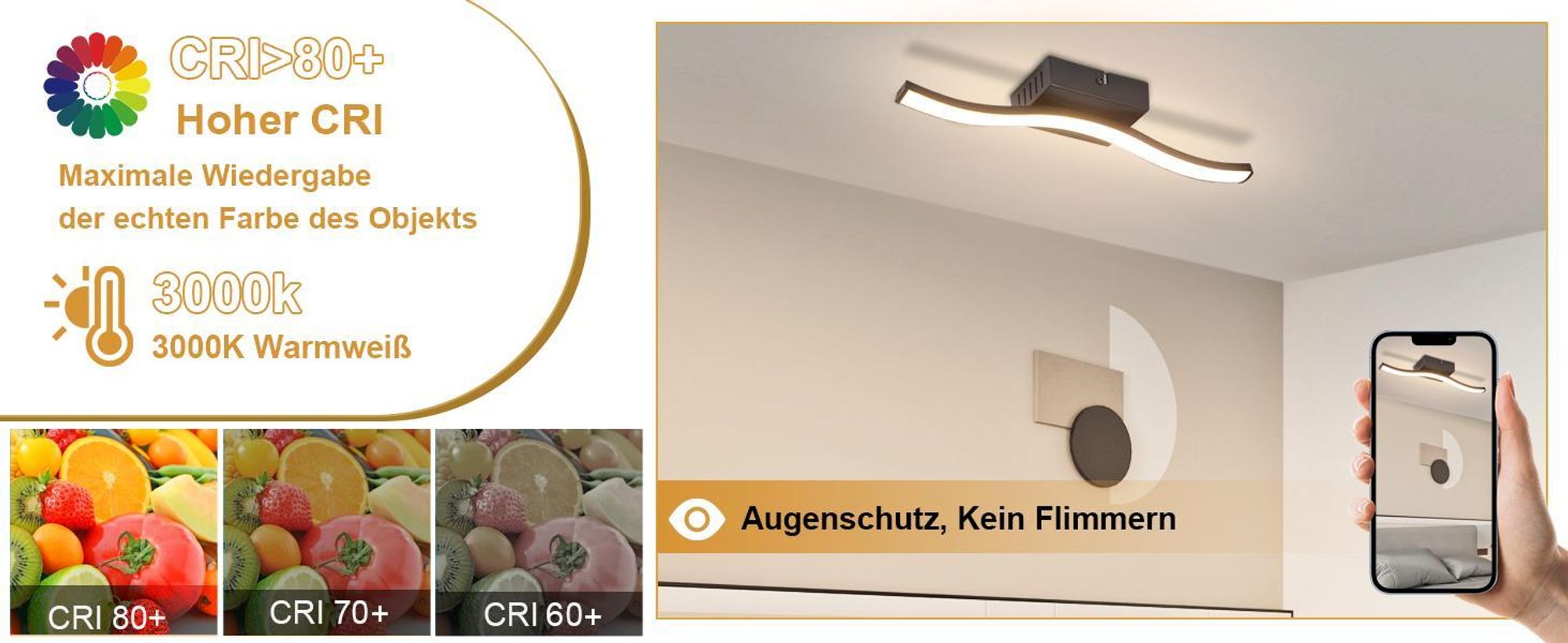 ZMH LED Deckenlampe Flurlampe 6W 3000K deckenleuchte Schwarz Innen Schlafzimmerlampe Küchenlampe Innen Wellen Warmweiß Deckenbeleuchtung