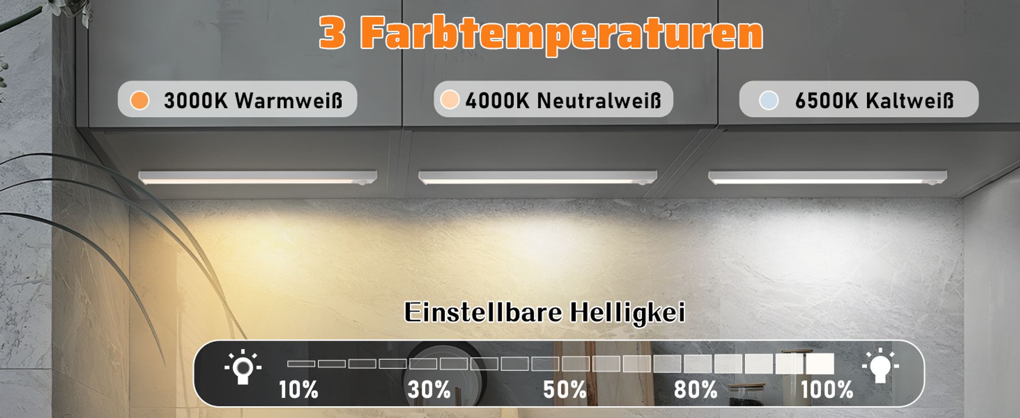 ZMH Unterbauleuchte Küche Led Dimmbar 30CM 2 Stück Schrankbeleuchtung mit Bewegungsmelder 3 Farbtemperatur Schranklicht USB Wiederaufladbar Küchenlich