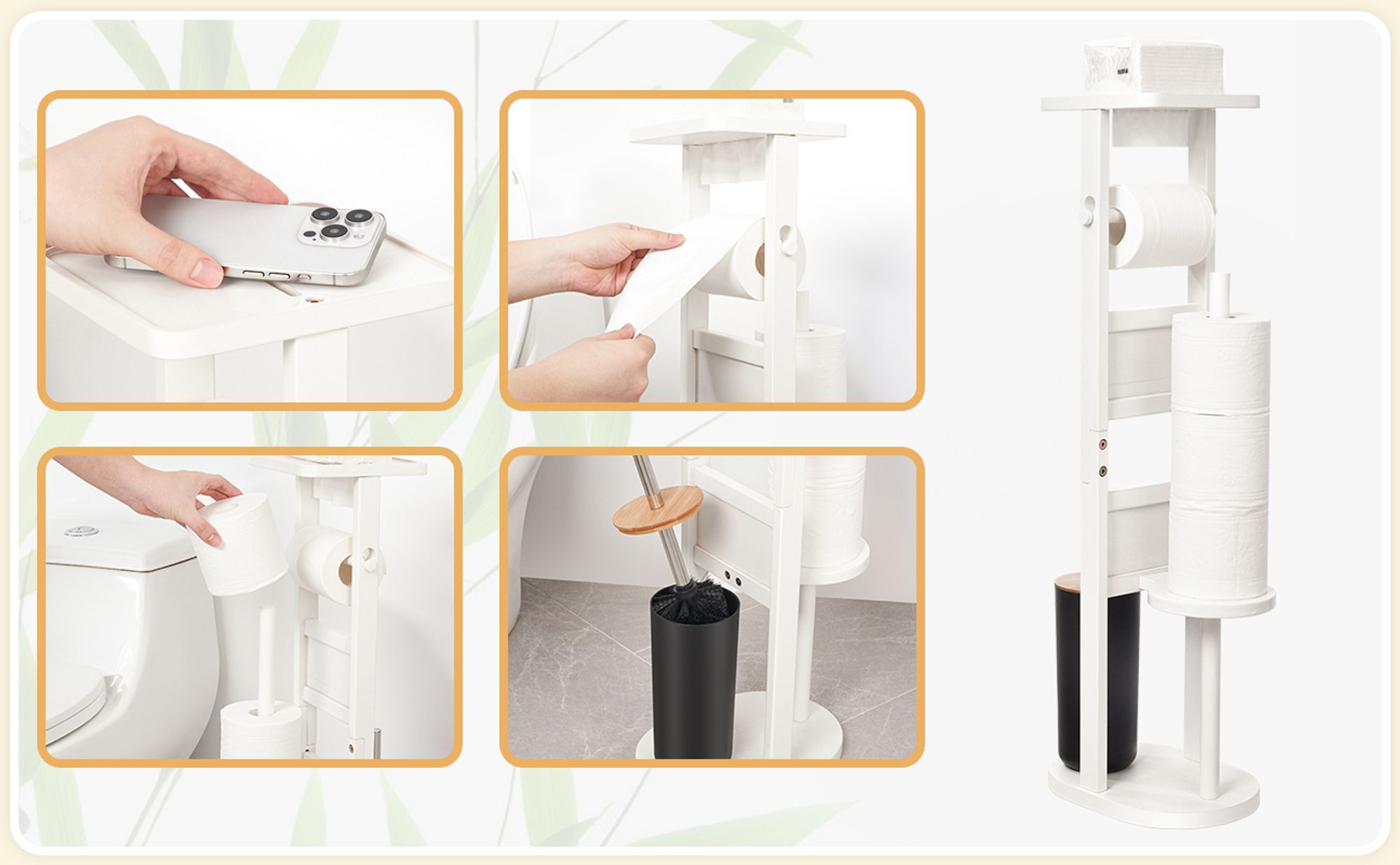 Yorbay Stand WC-Garnitur aus Bambus , mit Toilettenpapierhalter und WC-Bürstenhalter/Smartphone Ablage/Toilettenbürste/Klorollenhalter Weiß