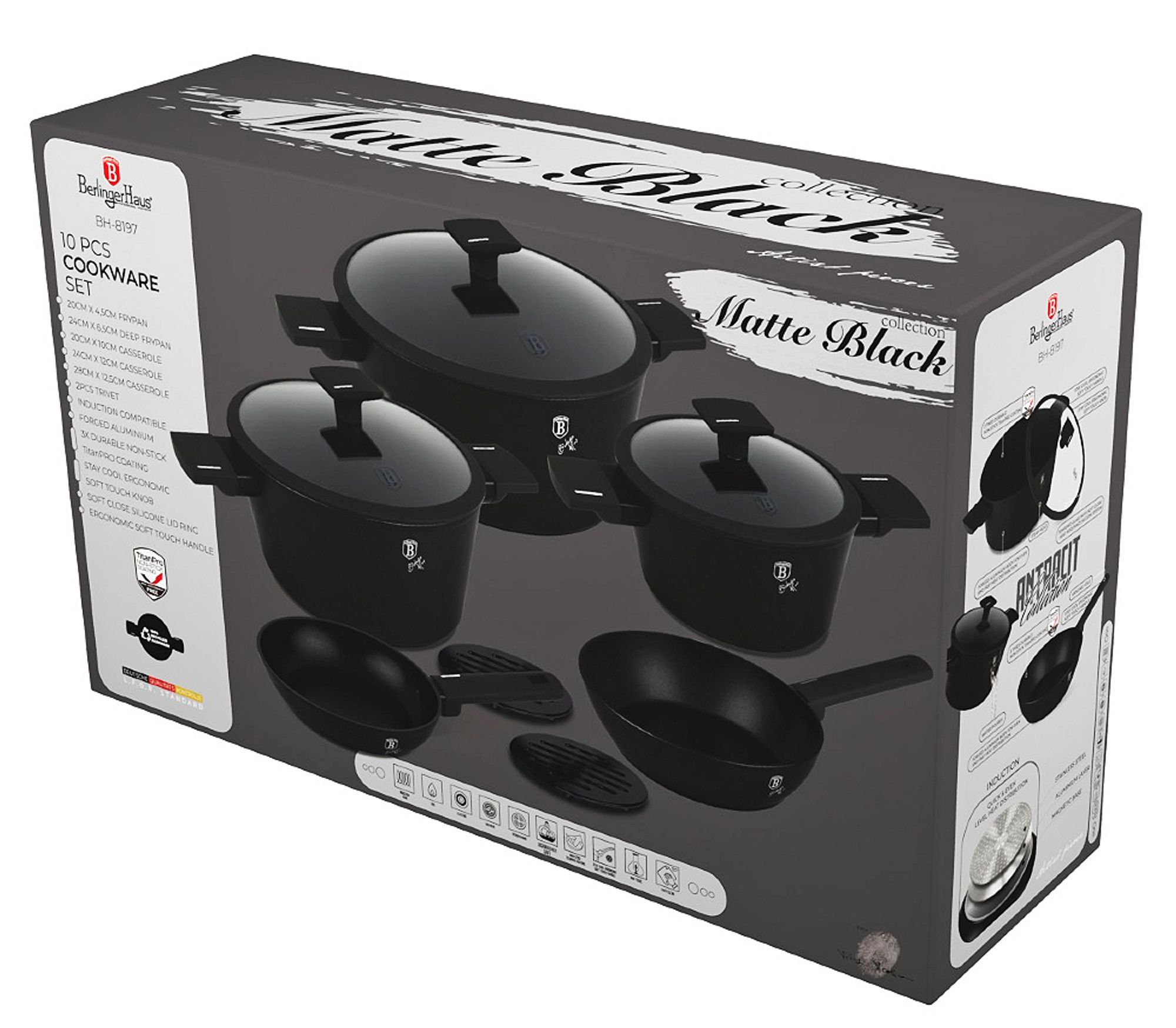 BERLINGERHAUS 10-teiliges Kochgeschirrset aus der Matte Black Collection BH-8197 mit Titanoberfläche