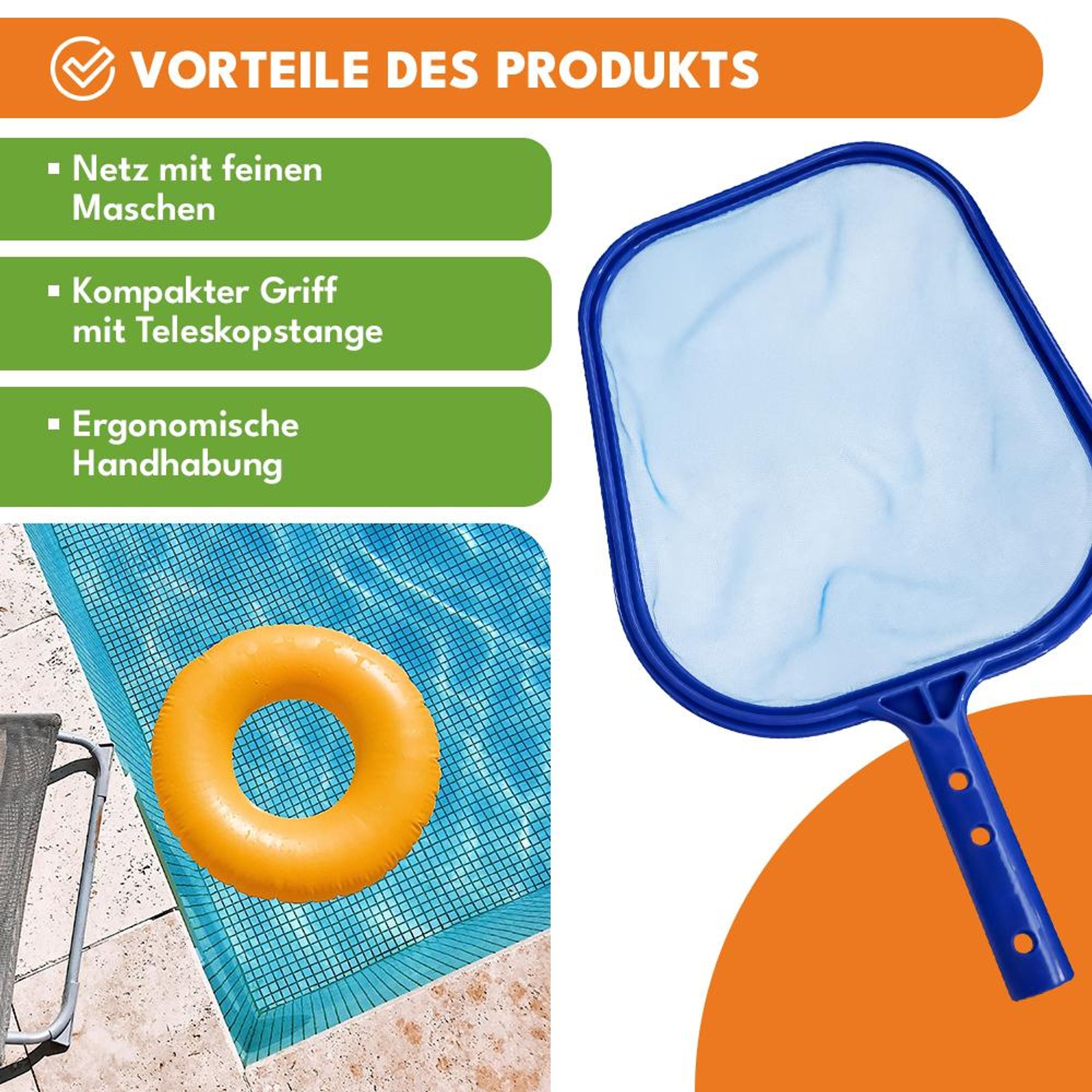 KRUMAD Poolkescher feinmaschig 41 x 28 cm, robustes Poolnetz für Blätter & Insekten, Kescher für Pool & Teich, ohne Teleskopstange, blau