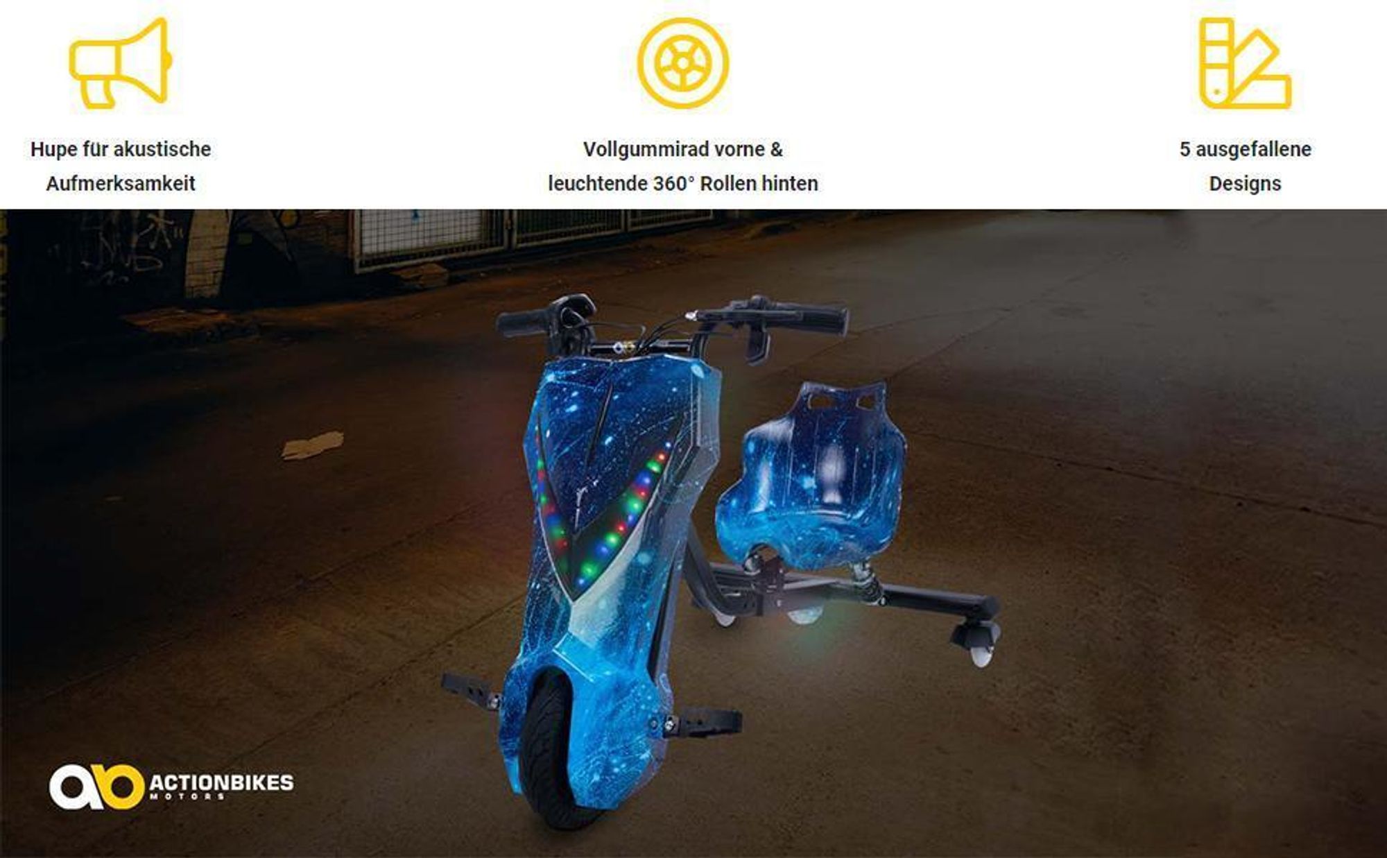 Kinder Elektro Drift Trike | Drift Scooter - Drift Cart - Bis zu 15km/h - LED Driftrollen 360° - Hupe - 3 Geschwindigkeitsstufen (Space Blue)