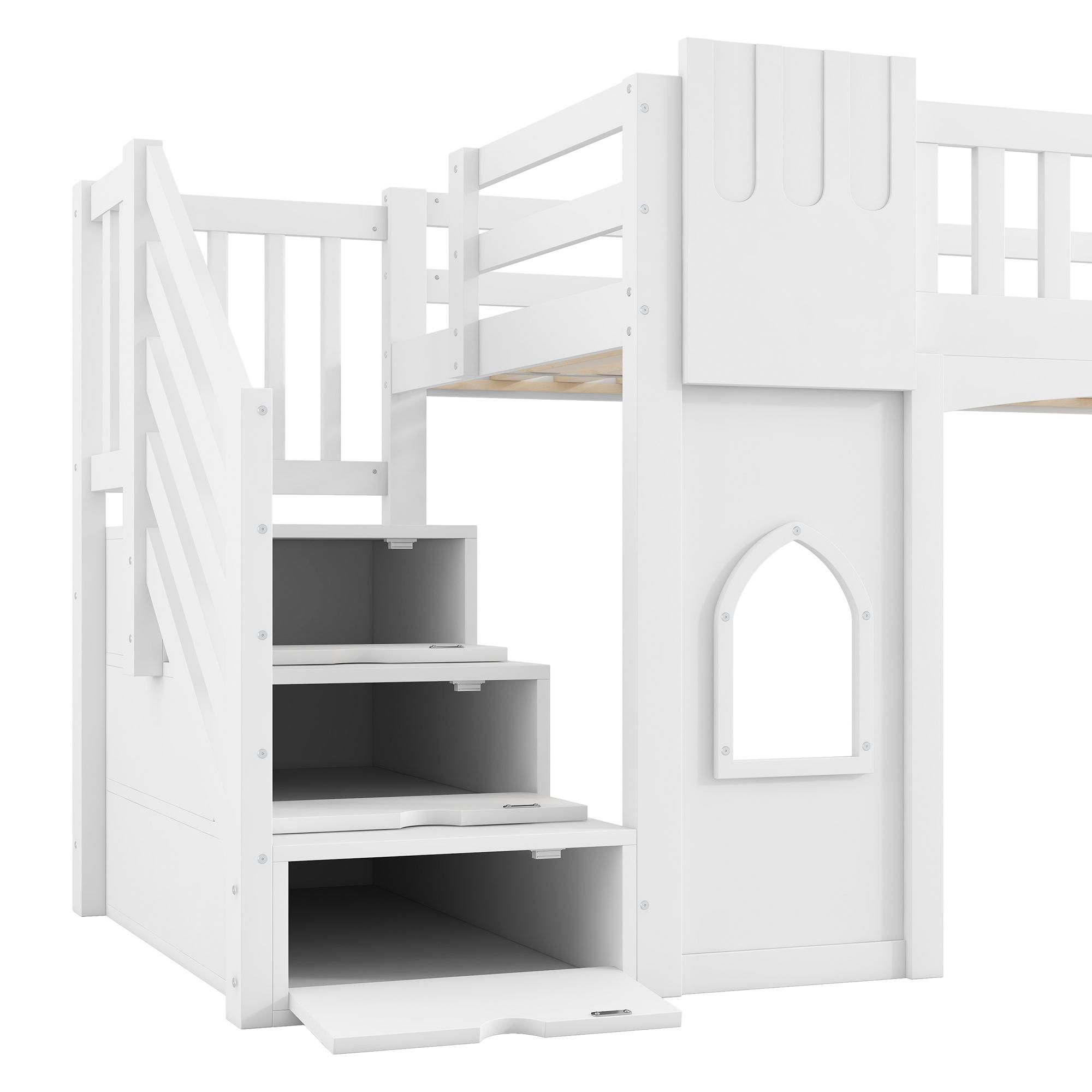 Merax Etagenbett Hochbett 90x200 cm, mit Stauraumtreppe und Fenster, Kinderbett, Stockbett, Jugendbett, Kiefer, Massivholzbett, Weiß