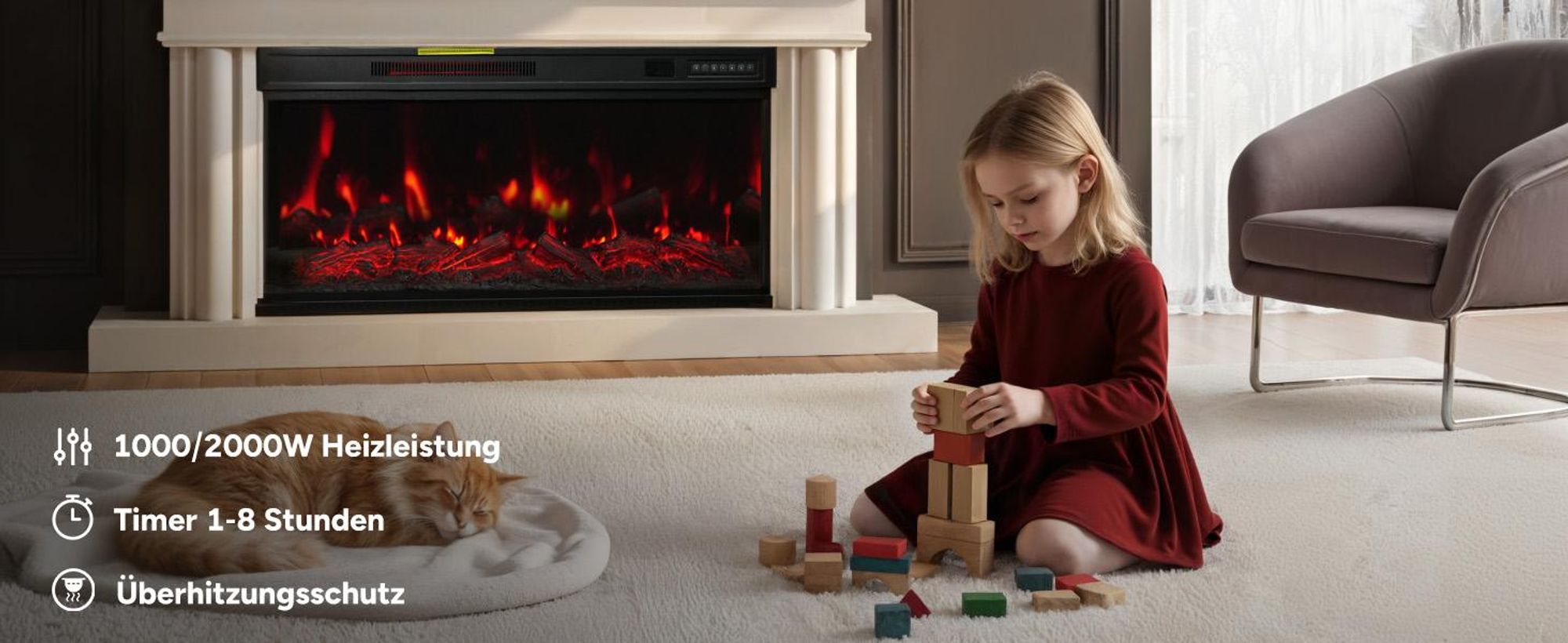 HOMAVO 36-Zoll Elektrokamin mit Heizung - 1000 / 2000W - Stand / Einbaukamin - 3D Flammenfarben - LED & Timer