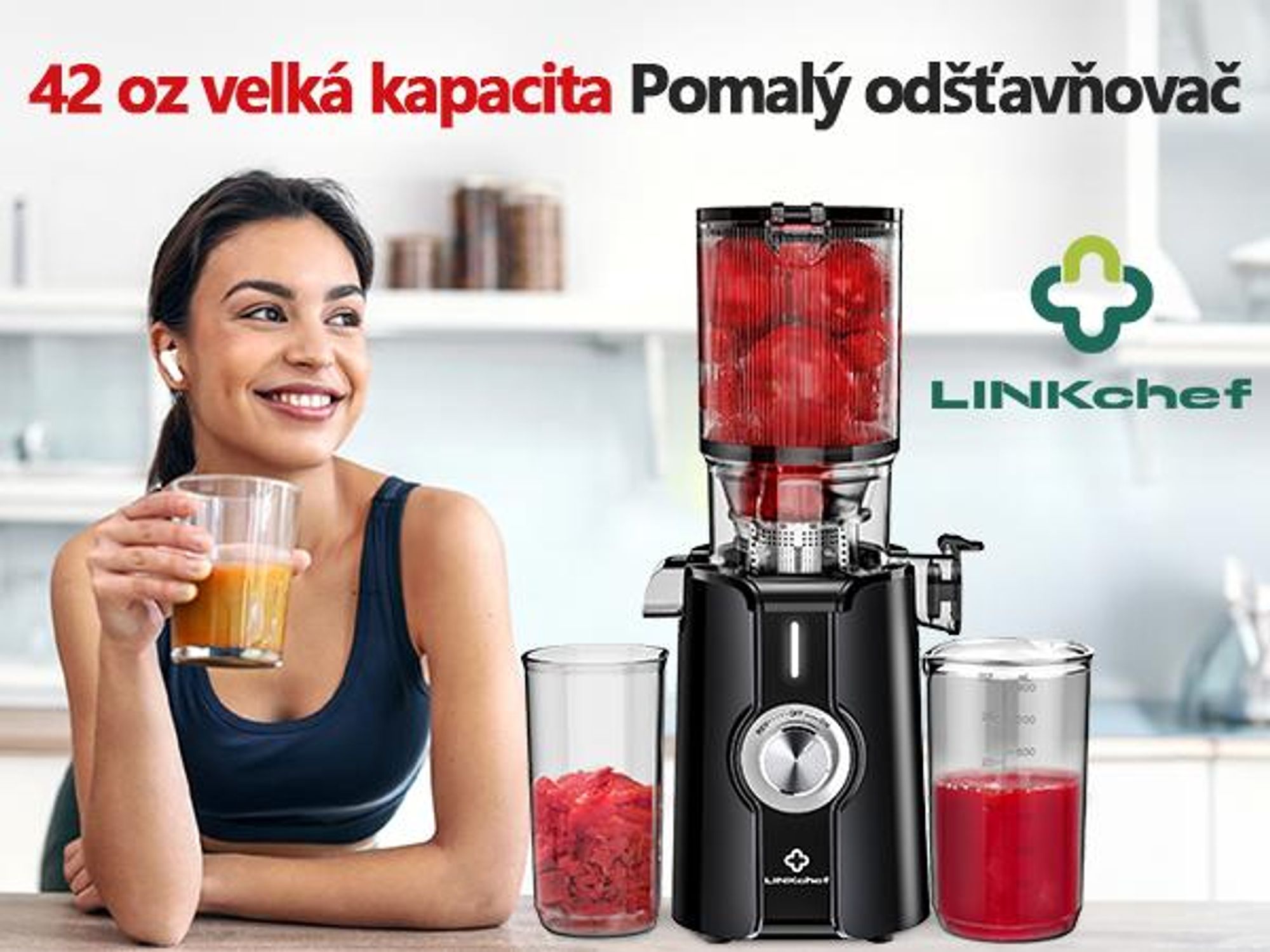 LINKChef SJ-051-EU-BL Pomalý odšťavňovač -  CE 200W Výkon 1.2L Velká kapacita Dva plnicí zásobníky Snadné čištění - černá