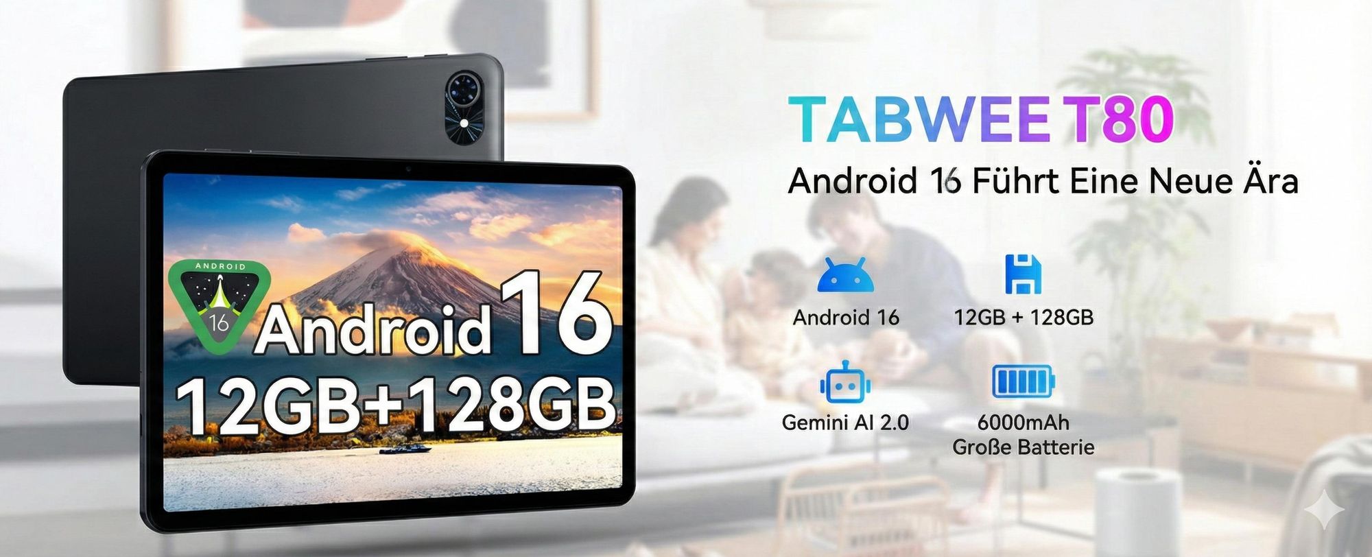 KOBONA-TABWEE T80 Android 16 Tablet 10 Zoll mit Stylus ,128 GB interner Speicher, 6000mAh Akku, 5G WLAN, HD-Display, Bluetooth 5.0, Gemini AI