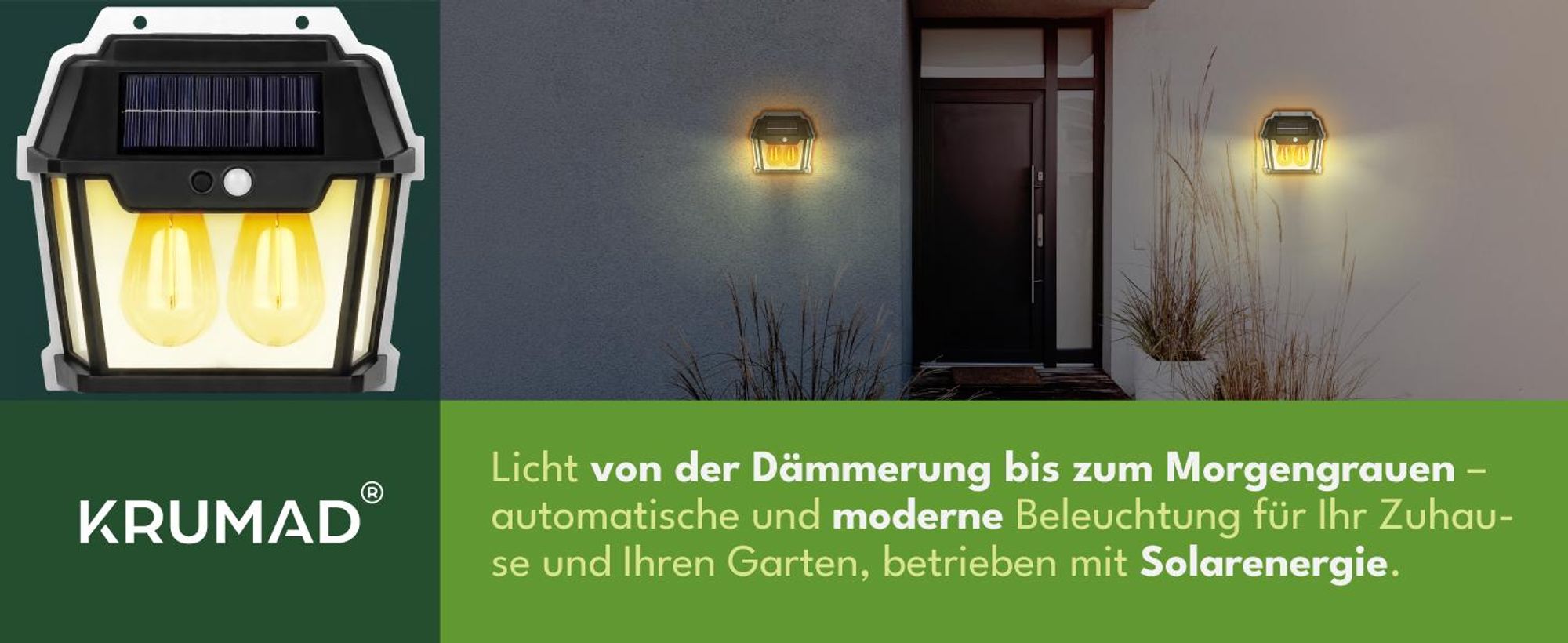 KRUMAD Solarleuchte Außen 600 lm warmweiß, mit Bewegungs- & Dämmerungssensor, 3 Modi, IP65, PIR 120°/5–8 m – für Garten, Terrasse, Wand