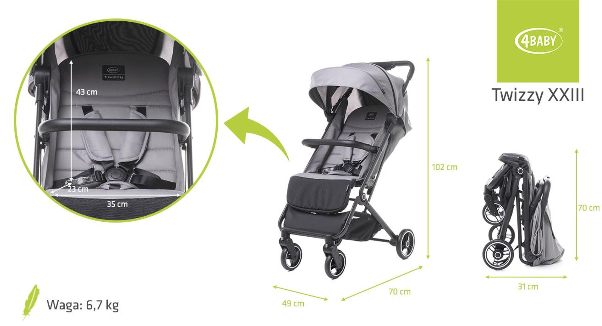 4Baby | Kinderwagen - Buggy Kinderwagen - Grau - klappbar - mit Liegeposition und UV50+ Sonnenschutz - 5-Punkt-Gurt - bis zu 22 kg - Twizzy