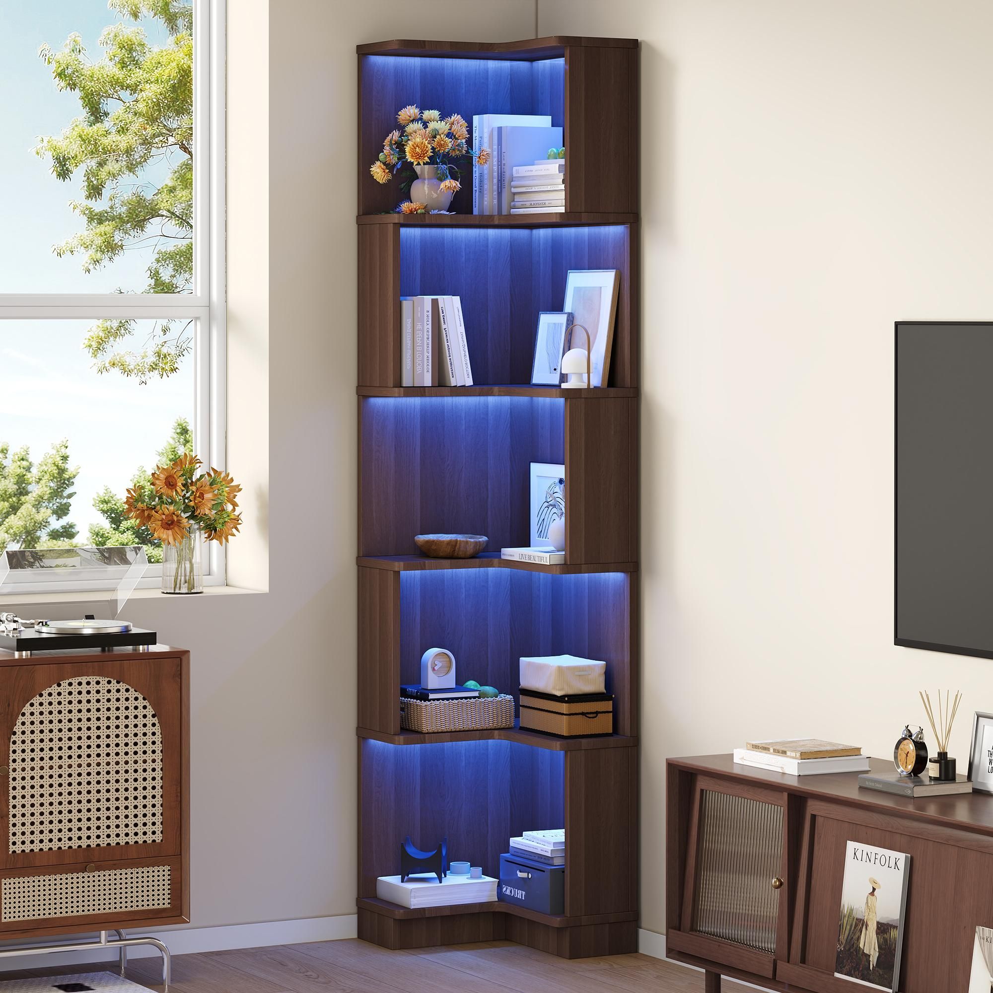 Flieks Eckbücherregal mit LED-Lichtleiste, 63.5x45x175 cm, Bücherregal  Lagerregal mit 5 Ebenen, Multifunktionaler Displayständer, Braun