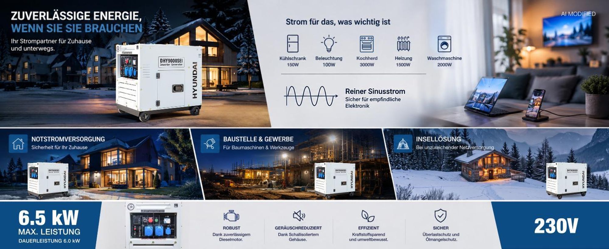 HYUNDAI Diesel Inverter Generator DHY9000SEi – 6,5 kW Stromerzeuger mit E-START, ATS-Anschluss, SINUS-Strom – Diesel Notstromaggregat für Baustelle & Werkstatt