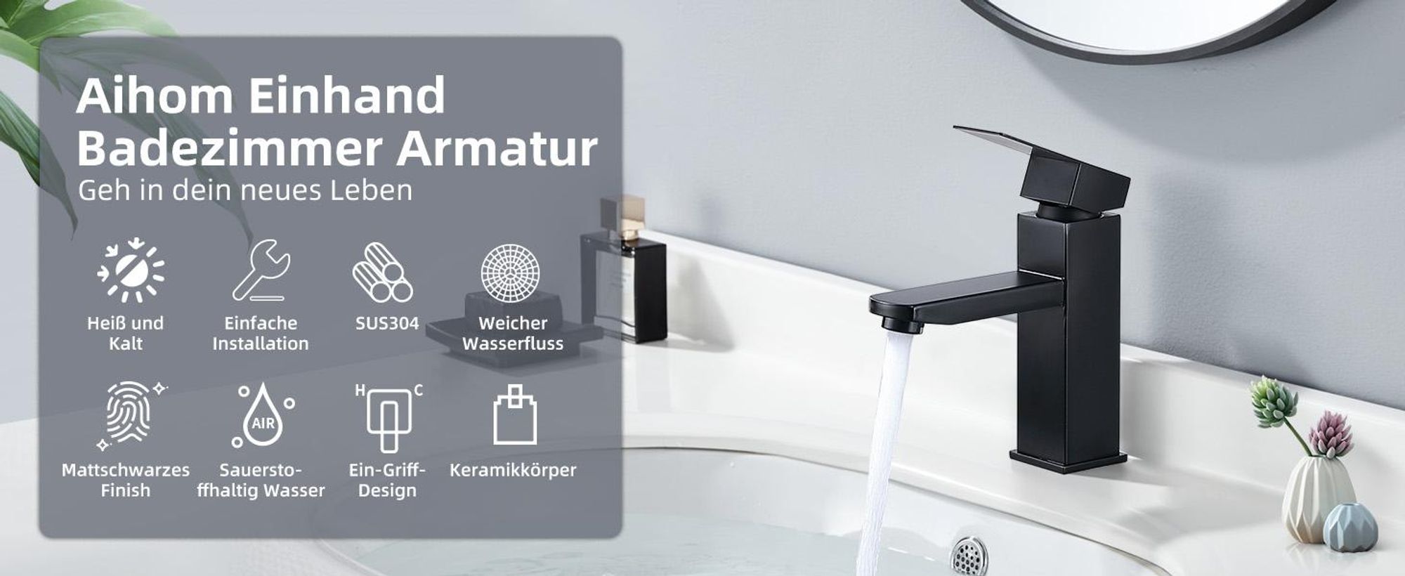 Homelody Schwarz Wasserhahn Bad Edelstahl, Waschtischarmatur für Badezimmer,Mischbatterie Hochdruck Badarmatur,Einhebelmischer,Waschbecken Armaturen