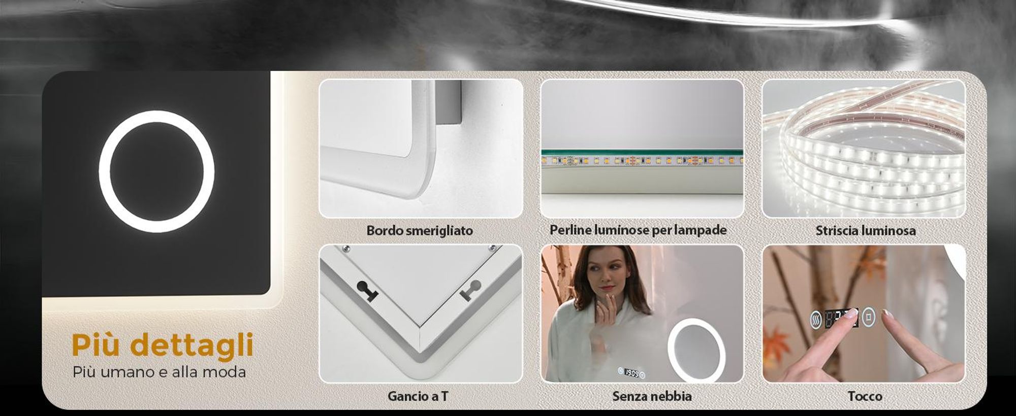 EMKE Specchio da bagno con ingrandimento 3X Interruttore a sfioramento 3 colori di luce Dimmerabile Orologio antiappannamento 80X60cm