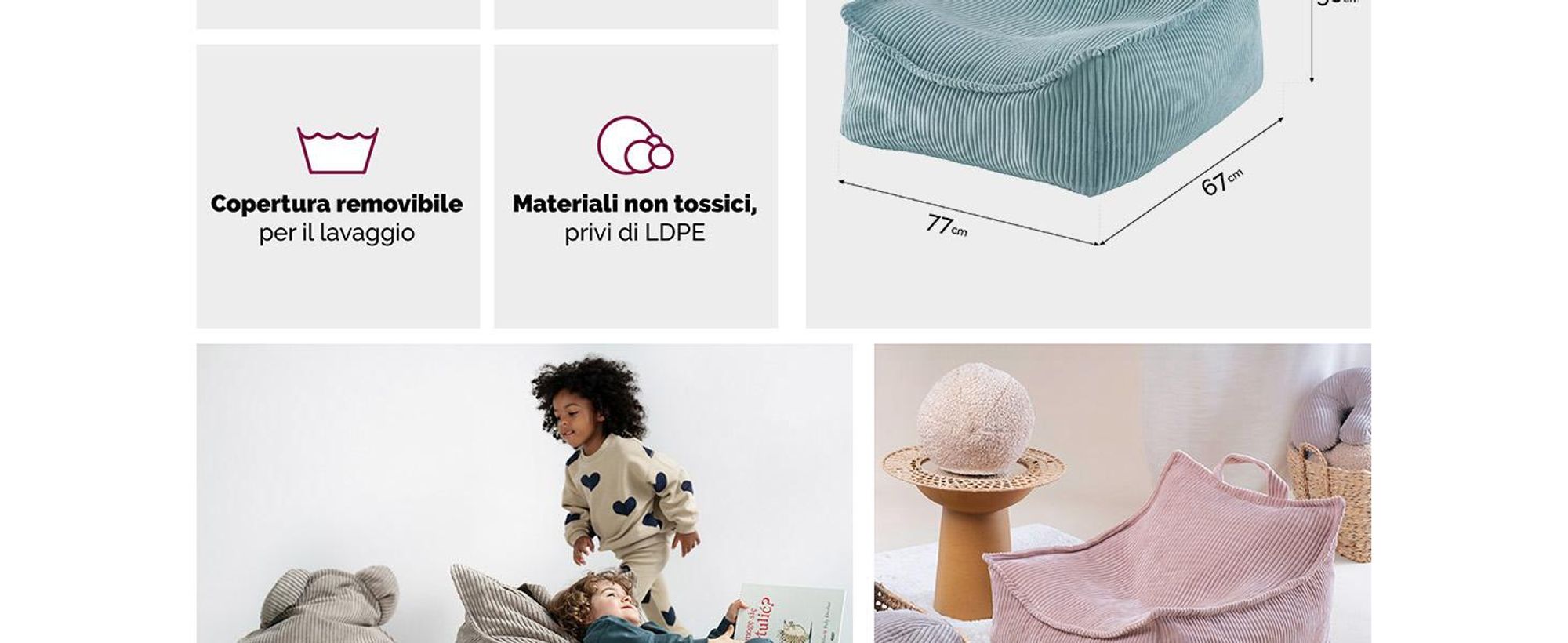 MISIOO Pouf sacco per bambini - Puffy Square - Poltrona per bambini - Pouf in velluto a coste - Ideale per la stanza dei bambini - Facile da lavare - Blu