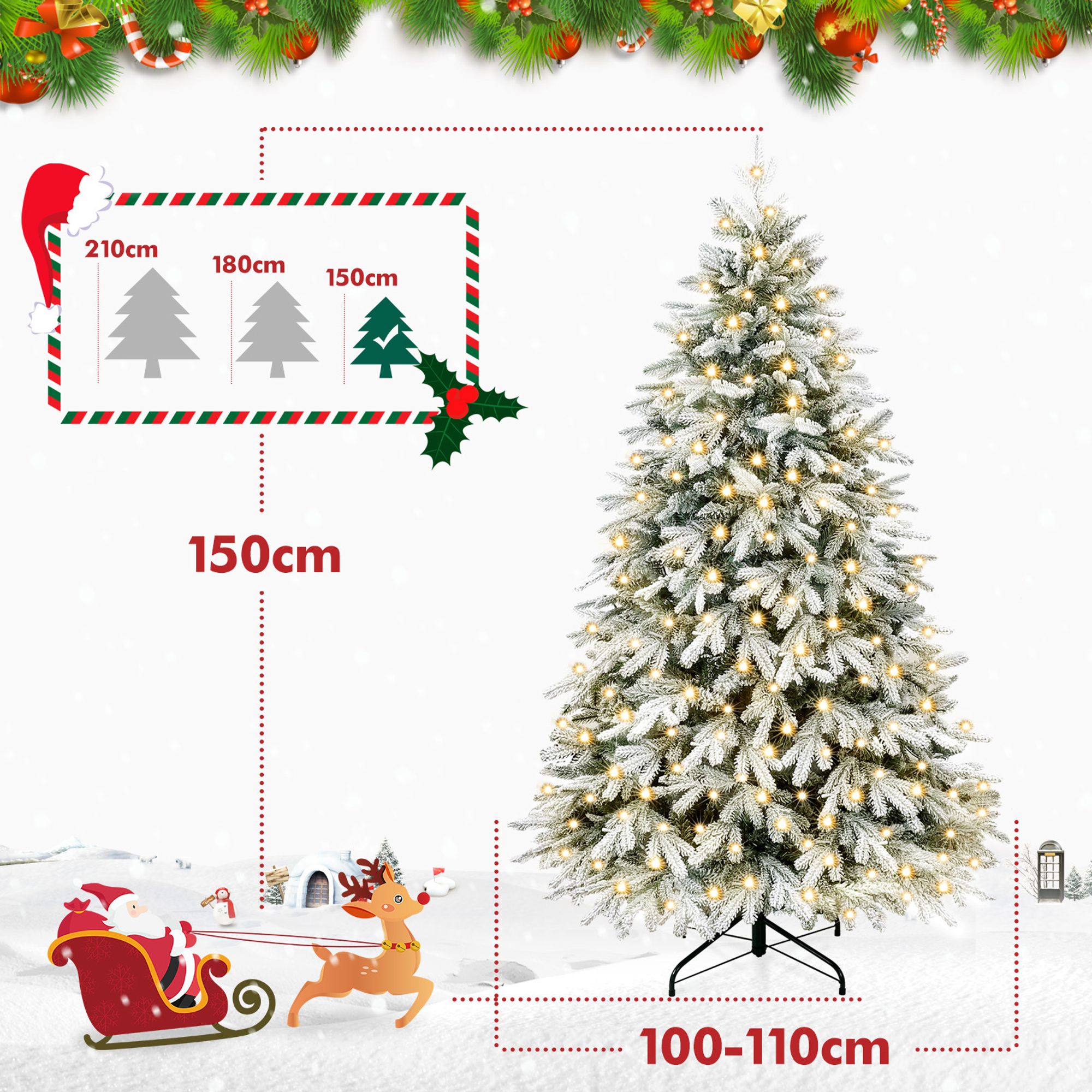 Yorbay 150cm Künstlicher Weihnachtsbaum mit Beleuchtung Weiß Schneeflocken LED Tannenbaum für Weihnachten-Dekoration, aus PE und PVC