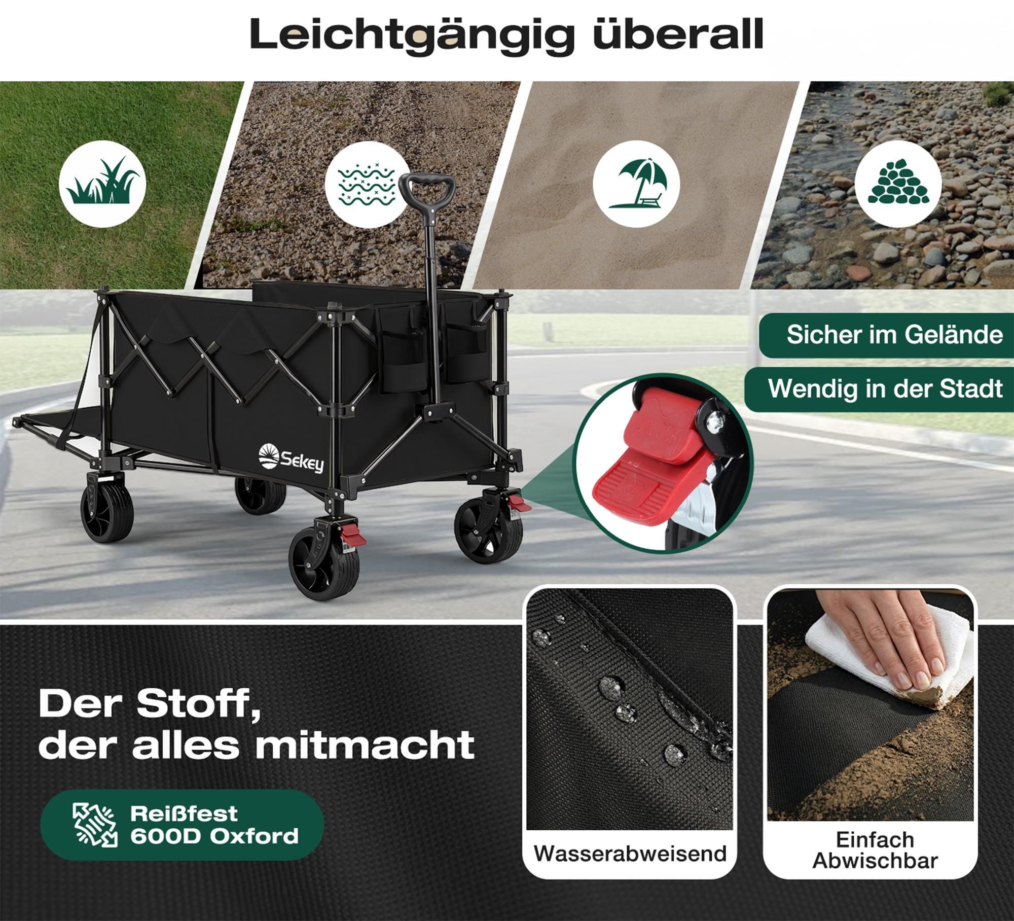 Sekey Klappbar Bollerwagen mit Faltbarer Heckklappe, 160L & 240L 150KG, Schwarz