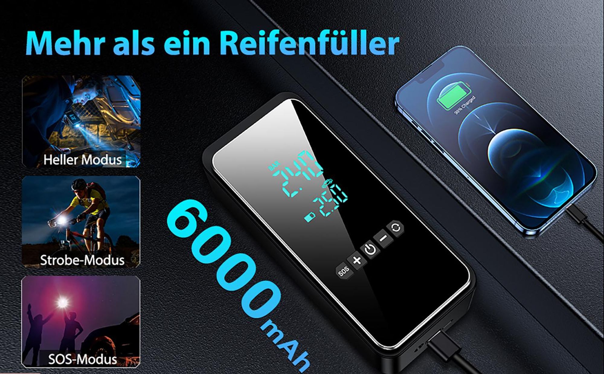 Elektrische Luftpumpe 150PSI, Tragbarer Akku Kompressor 12V 6000mAh, Wiederaufladbare USB-C Luftpumpe Fahrrad Elektrisch mit Notbeleuchtung und Digita