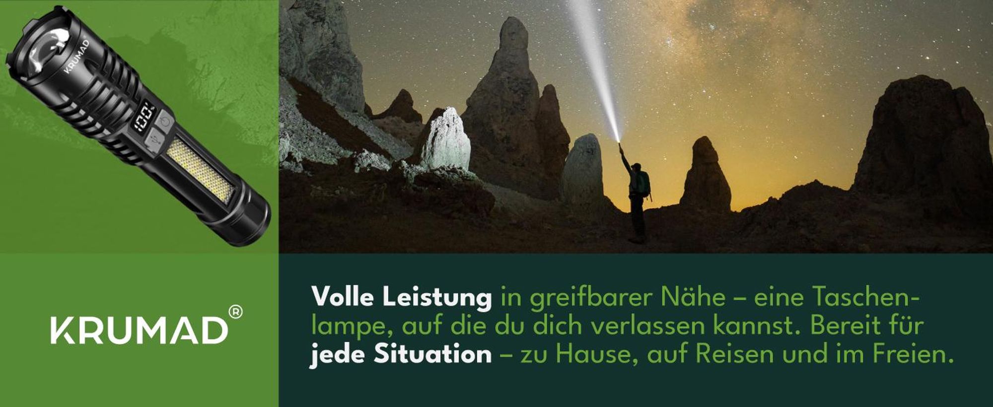 KRUMAD LED Taschenlampe Aufladbar – starke Handlampe mit COB-Seitenlicht, 5 Modi & Akkuanzeige – USB-C Taschenlampe wasserdicht für Camping & Notfälle