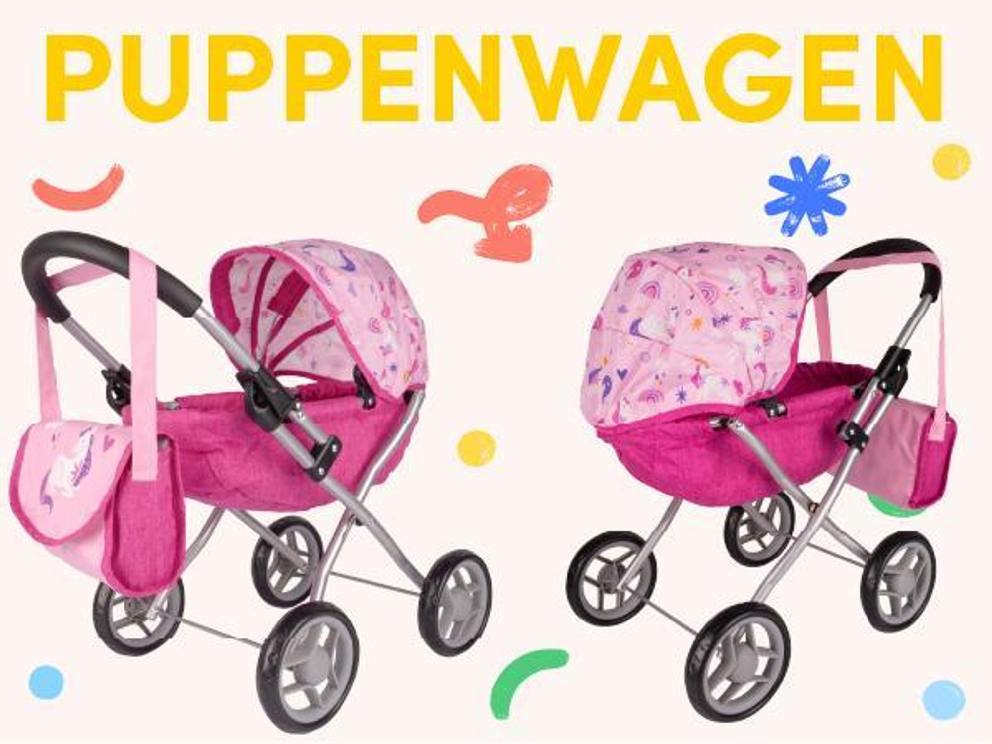 Rosa zusammenklappbarer Puppenwagen mit Tasche und verstellbarem Sonnendach