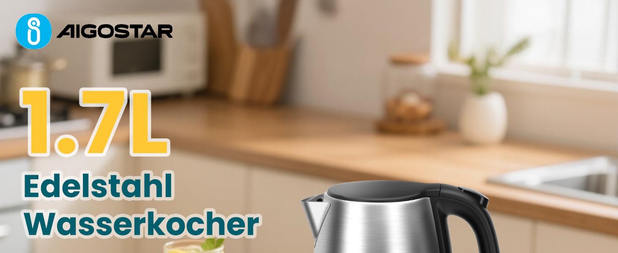 Aigostar 30LYF/300104LYF Schnurloser Wasserkocher, Edelstahlgehäuse, 1,7 l FÃ1/4llmenge, 2200 Watt, 360° Sockel, Trockengehschutz, Abschaltautomatik