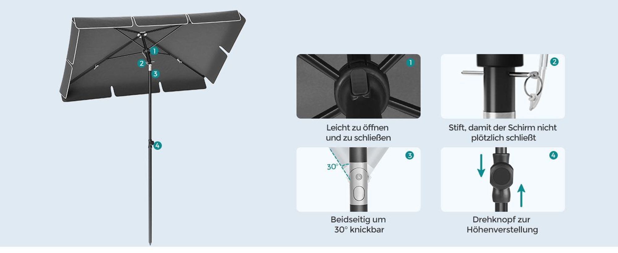 SONGMICS Sonnenschirm, ampelschirm, 200 x 125 cm UPF 50+ Sonnenschutz
