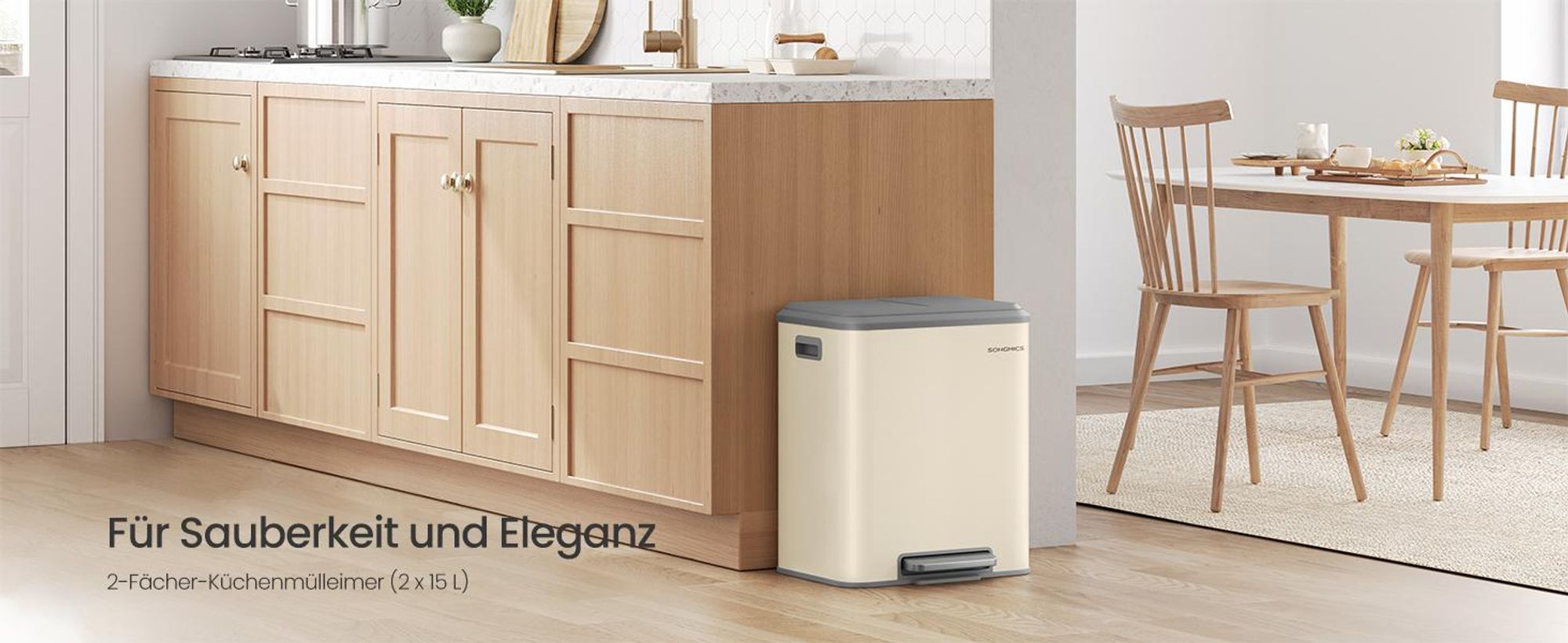 SONGMICS Mülleimer Küche, Mülltrennsystem 2x15L, 2 Fächer,Stahl,Softclose-Deckel