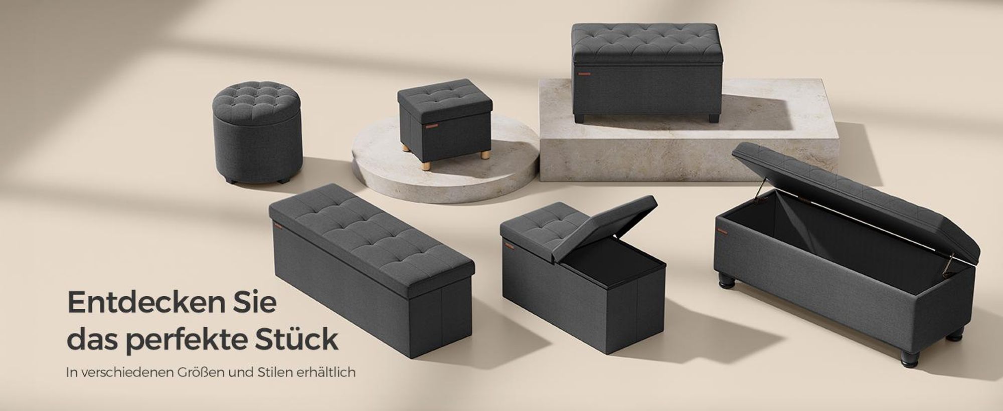 SONGMICS Sitzhocker rund, Fußhocker mit Stauraum, Schminkhocker mit Beinen, 45 cm d, 44,5 cm H, bis 150 kg belastbar