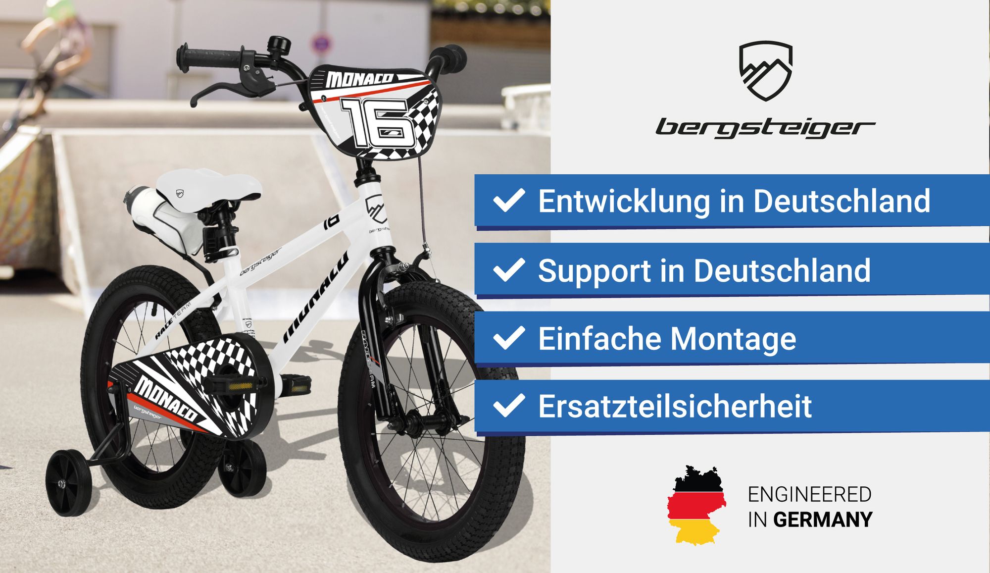 Bergsteiger Monaco 16 Zoll Kinderfahrrad, geeignet für 4, 5, 6 Jahre, BMX, Stützräder, Rücktrittbremse, Trinkflasche, Kettenschutz