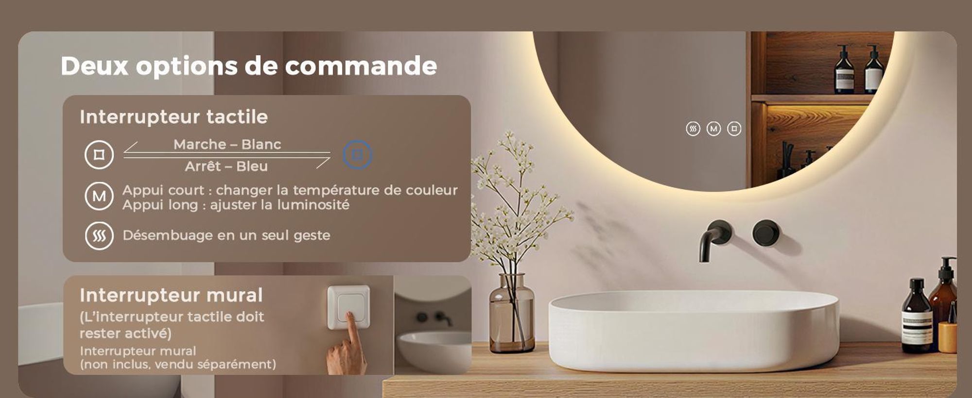 Miroir de salle de bain avec éclairage, rond, 80 cm, miroir LED S'AFIELINA, intensité réglable, 3 couleurs de lumière, anti-buée,tactile, fonction de mémorisation, IP65, étanche pour la salle de bain