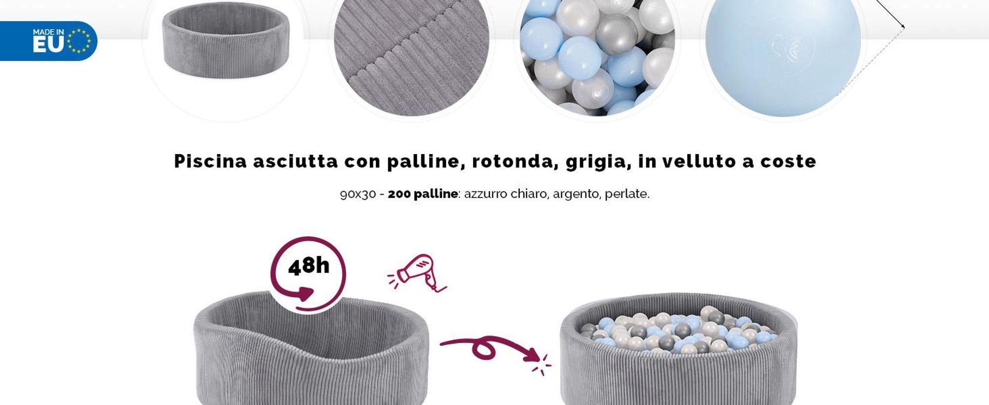 MISIOO Piscina di palline con imbottitura in schiuma - 90x30cm - 200 palline per piscina di palline - Palline di alta qualità per bambini - Giocattolo sicuro - Grigio chiaro