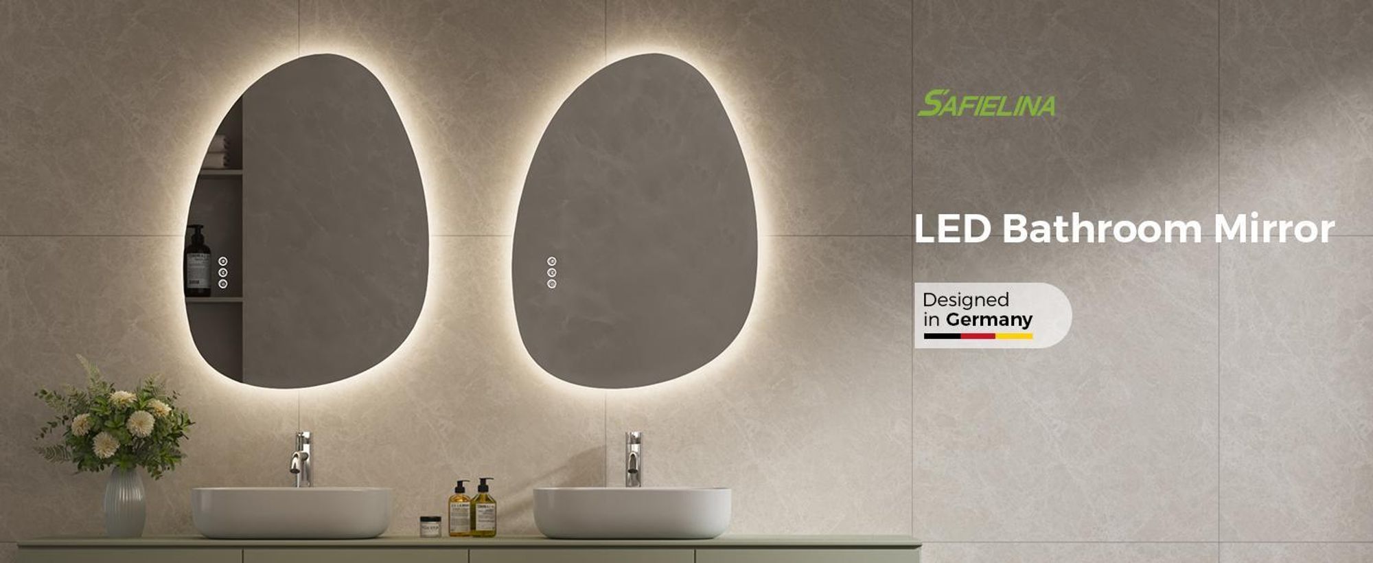 S'AFIELINA 85×50 cm Lustro asymetryczne LED - Lustro łazienkowe z oświetleniem, funkcją ściemniania, do montażu poziomego/pionowego, przeciwmgielne, do łazienki i przedpokoju
