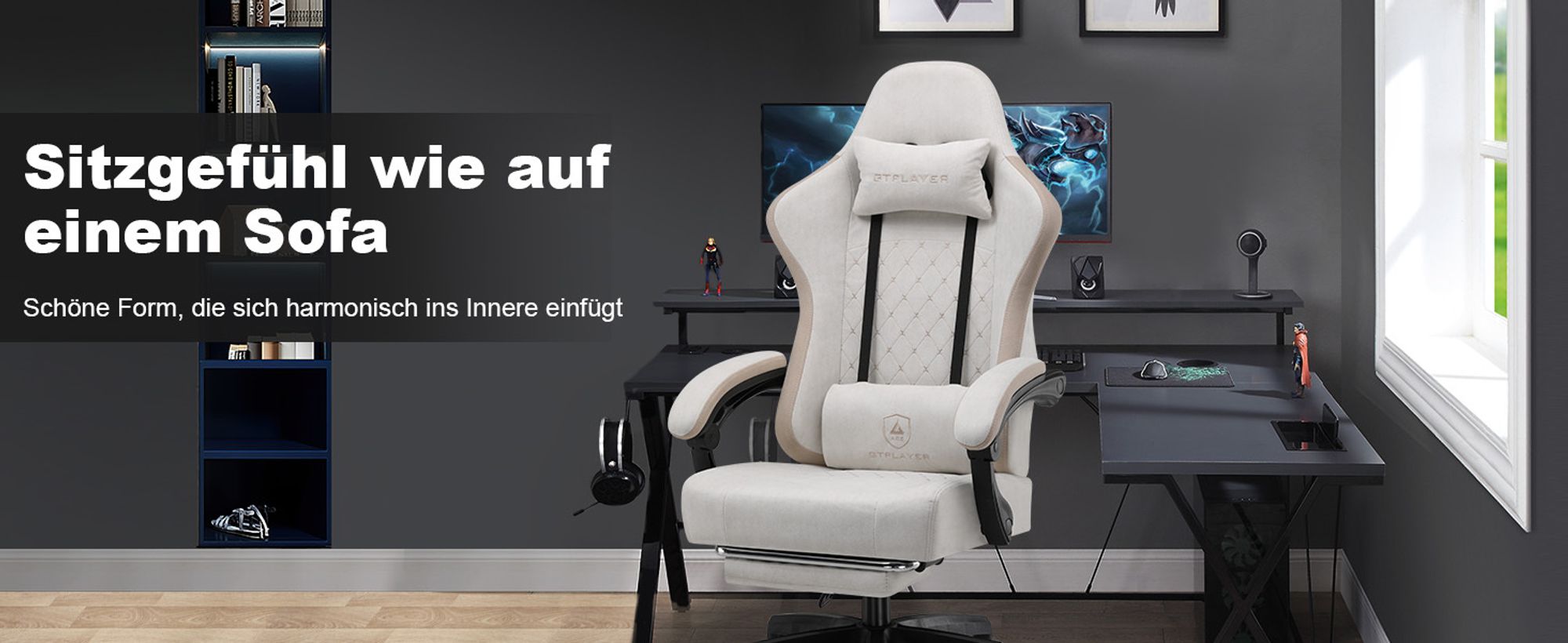 GTPLAYER Gaming Stuhl Ergonomischer Gaming Sessel Schreibtischstuhl PC Gamer Racing Stuhl mit Stoffoberfläche, Federsitzkissen mit Fußstütze Beige