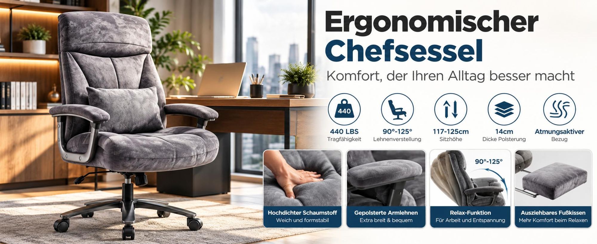 Ergonomischer Chefsessel, 440 lbs tragfähig, 90–125° neigbar, dicke Polsterung, atmungsaktiver Bezug