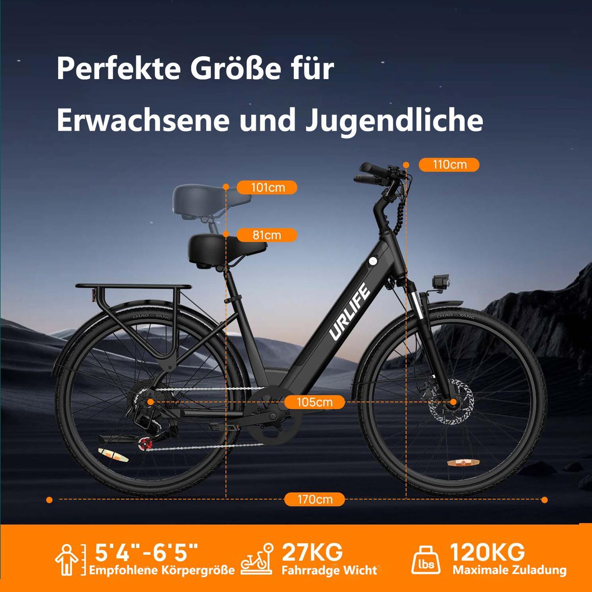Elektrofahrrad URLIFE E26 - 250W Motor 36V 13Ah Batterie 26 Zoll Reifen Scheibenbremse - Schwarz